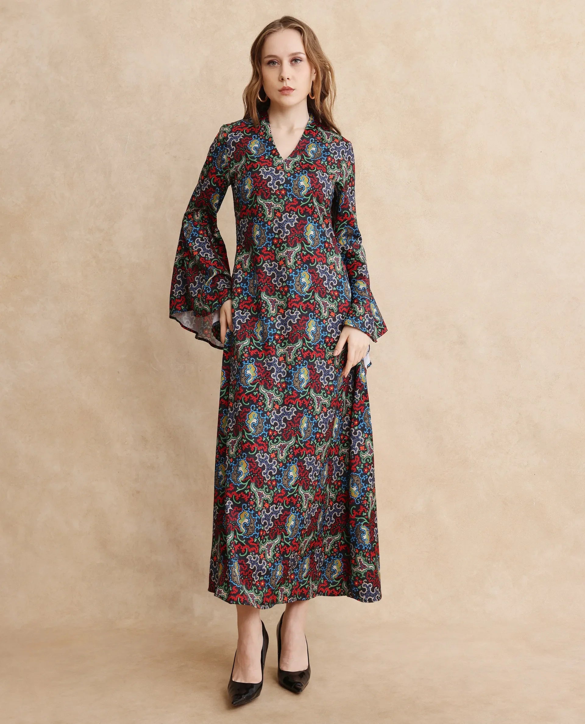 Rareism Women's Bedx Dark Multi V-Neck Zipper Closure Bell Sleeve Abstract Fit And Flare Maxi Dress