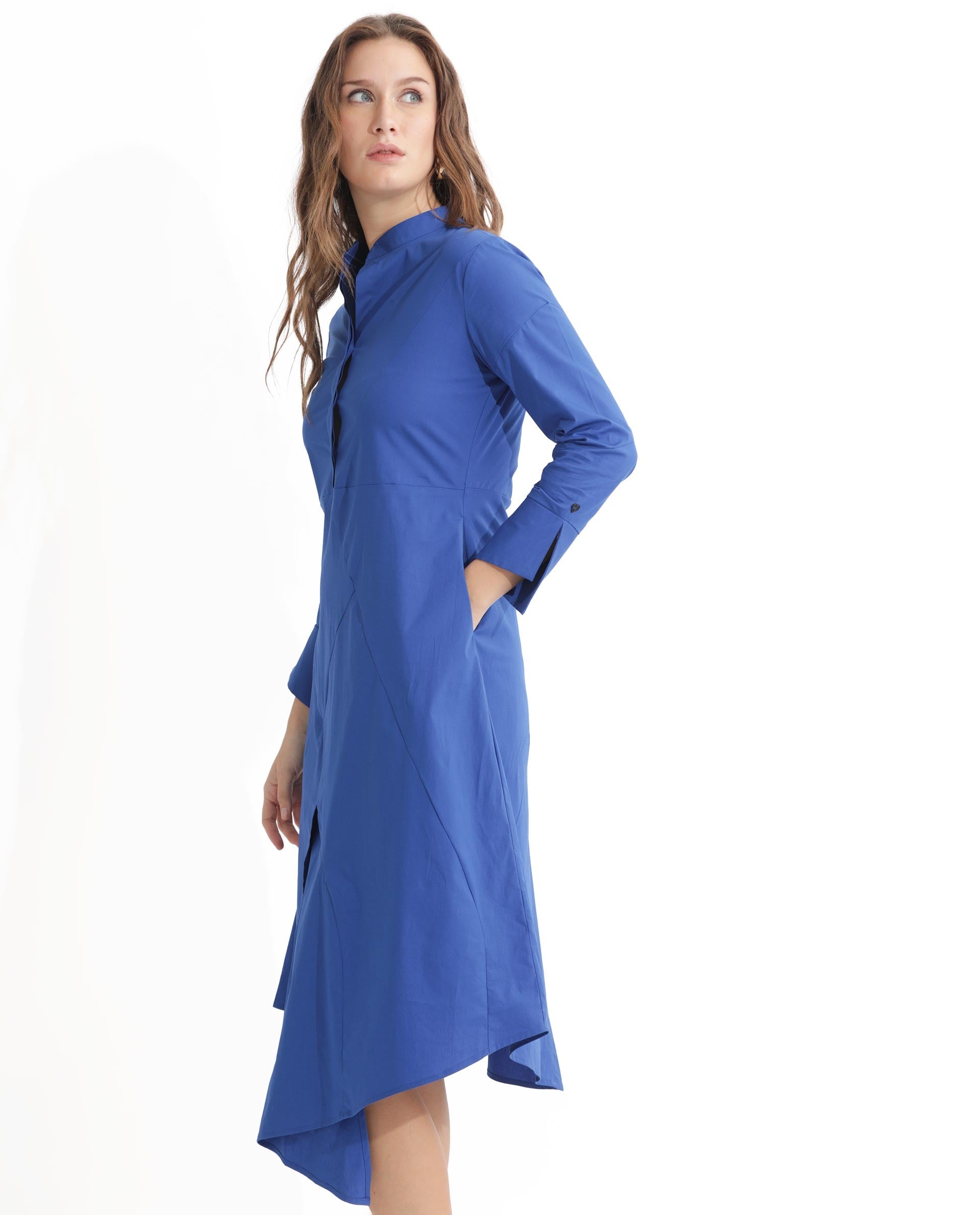 Rareism Women's Beetal Blue Polyester Blend Mandarin Collar Plain Cuffed Sleeve Midi Regular Fit Dress