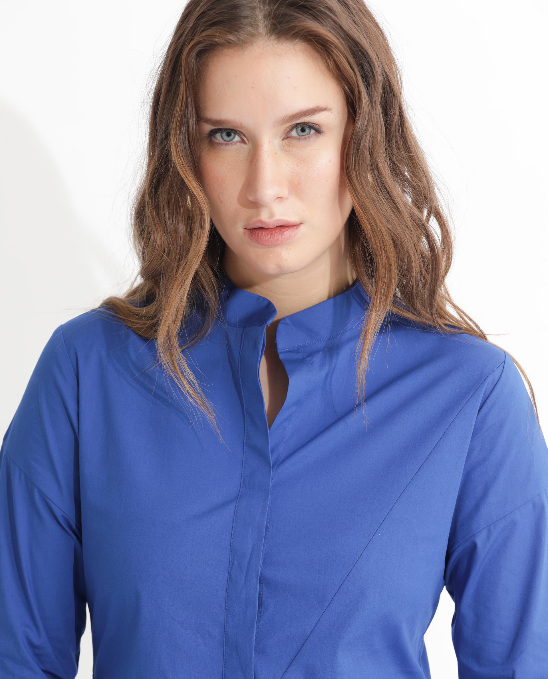 Rareism Women's Beetal Blue Polyester Blend Mandarin Collar Plain Cuffed Sleeve Midi Regular Fit Dress
