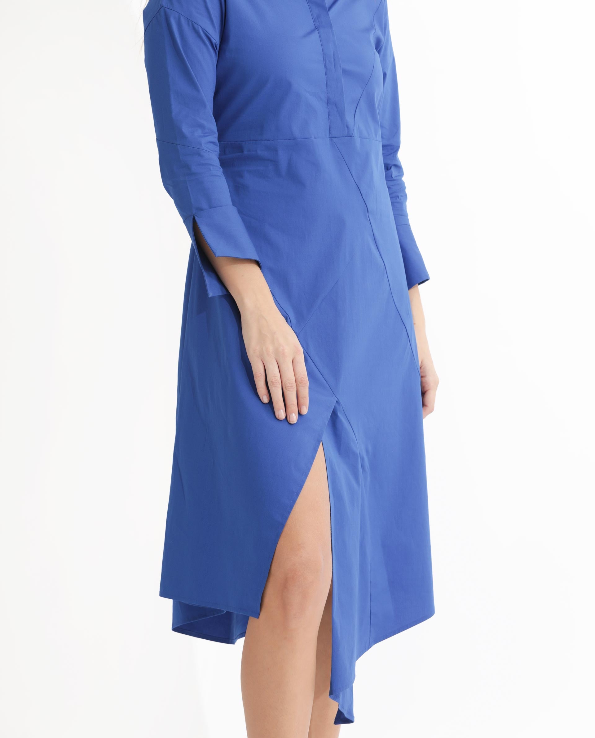 Rareism Women's Beetal Blue Polyester Blend Mandarin Collar Plain Cuffed Sleeve Midi Regular Fit Dress