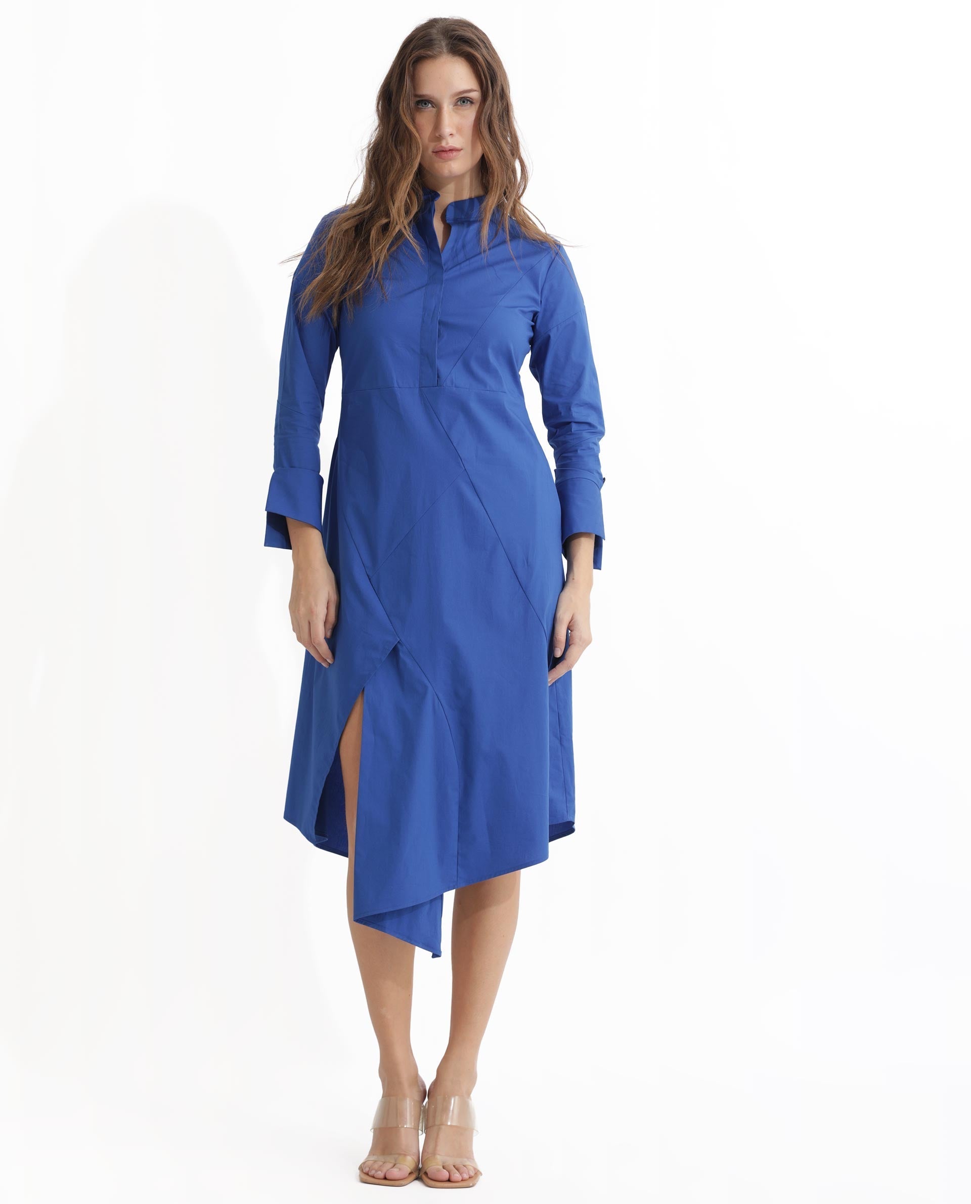Rareism Women's Beetal Blue Polyester Blend Mandarin Collar Plain Cuffed Sleeve Midi Regular Fit Dress