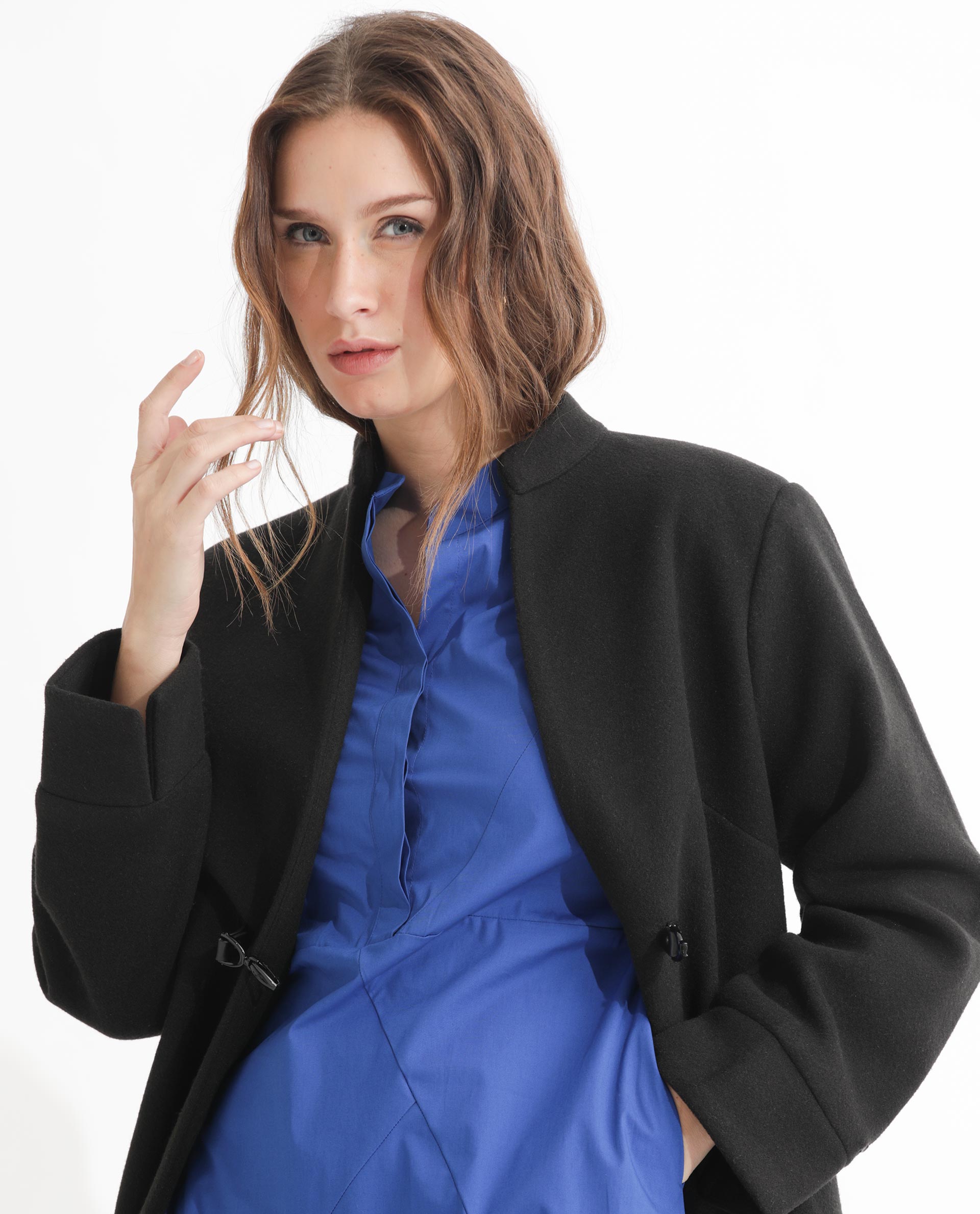 Rareism Women's Beetal Blue Polyester Blend Mandarin Collar Plain Cuffed Sleeve Midi Regular Fit Dress