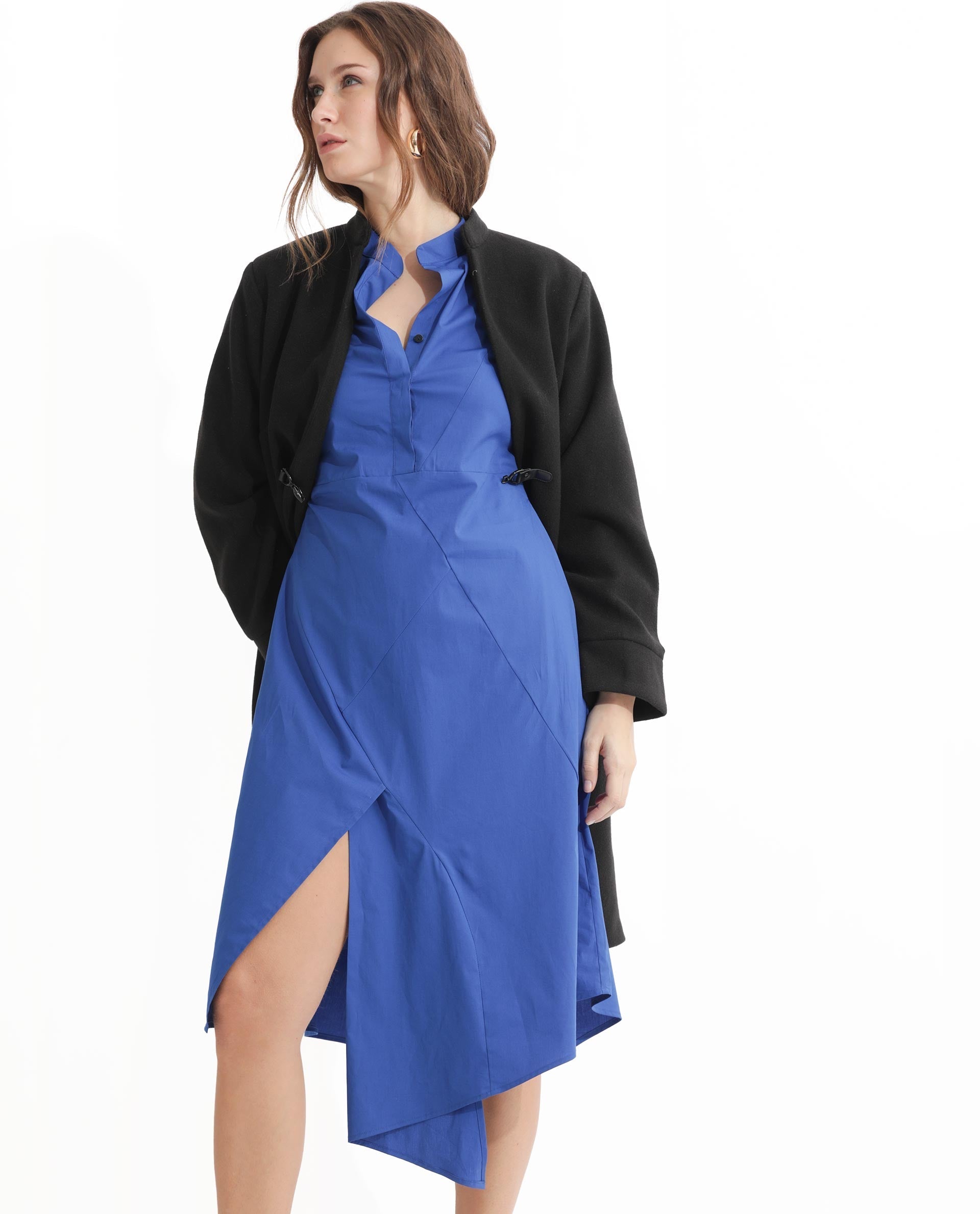 Rareism Women's Beetal Blue Polyester Blend Mandarin Collar Plain Cuffed Sleeve Midi Regular Fit Dress