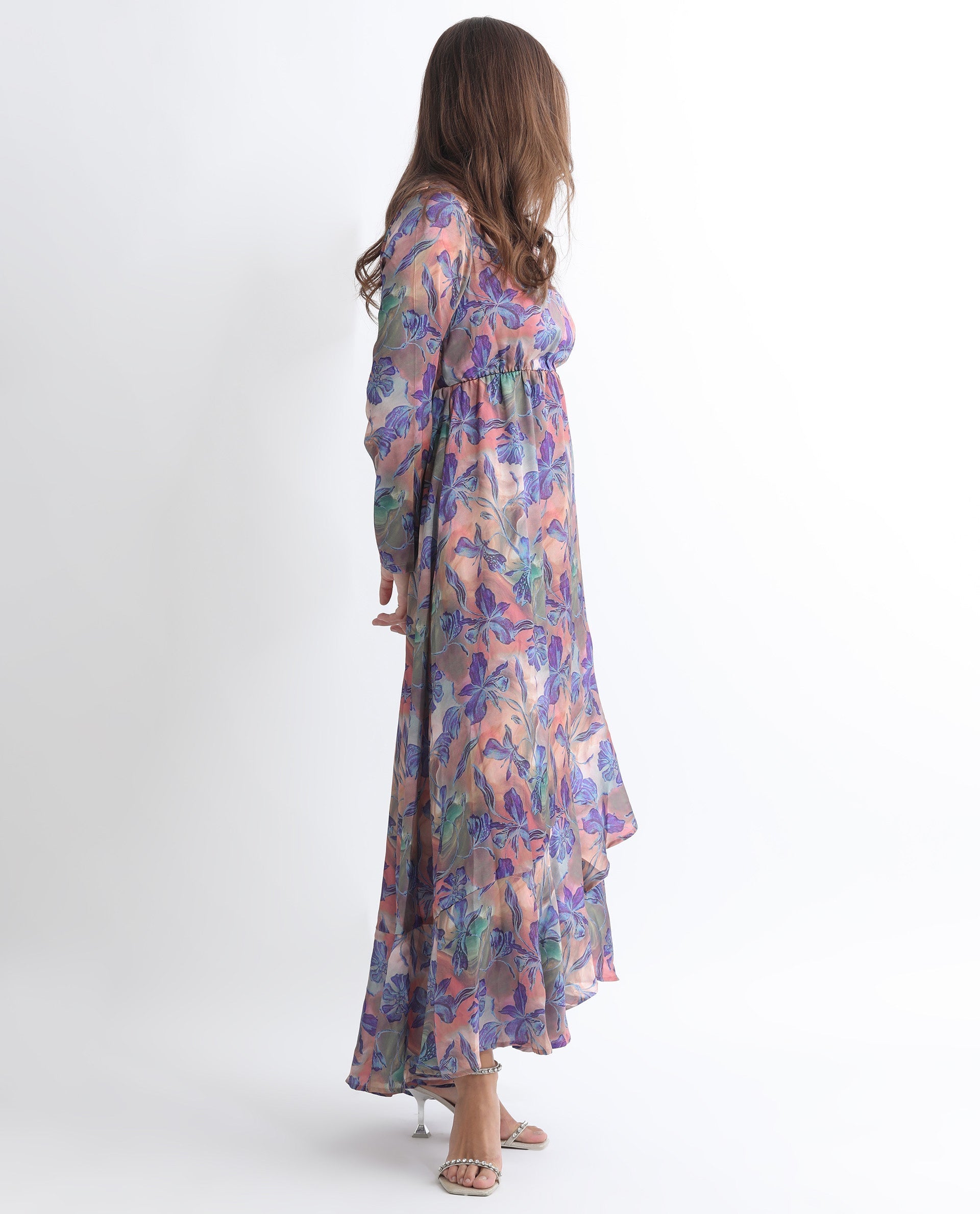 Rareism Women's Belen Pastel Blue Polyester V-Neck Floral Print Maxi Flared Dress