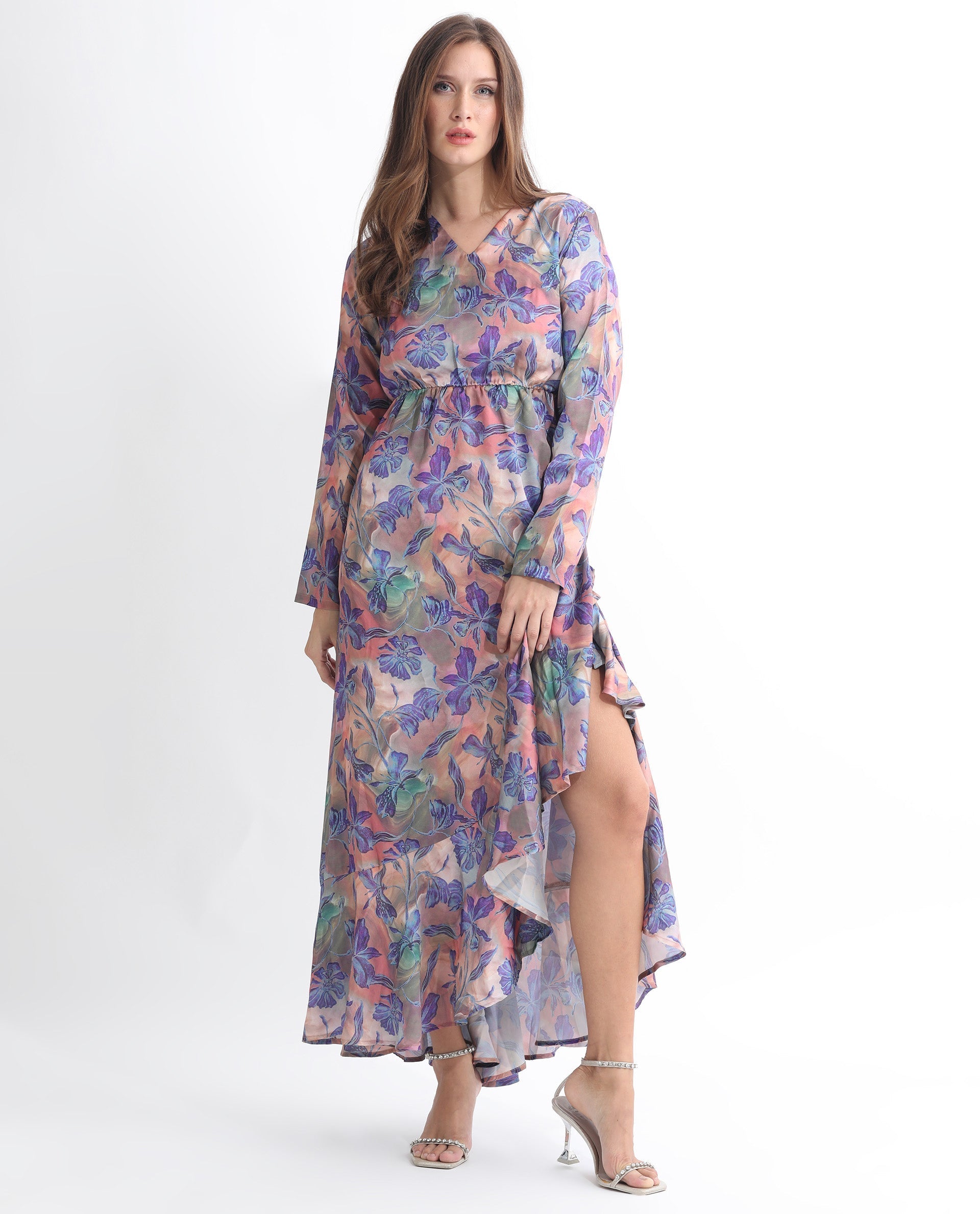Rareism Women's Belen Pastel Blue Polyester V-Neck Floral Print Maxi Flared Dress