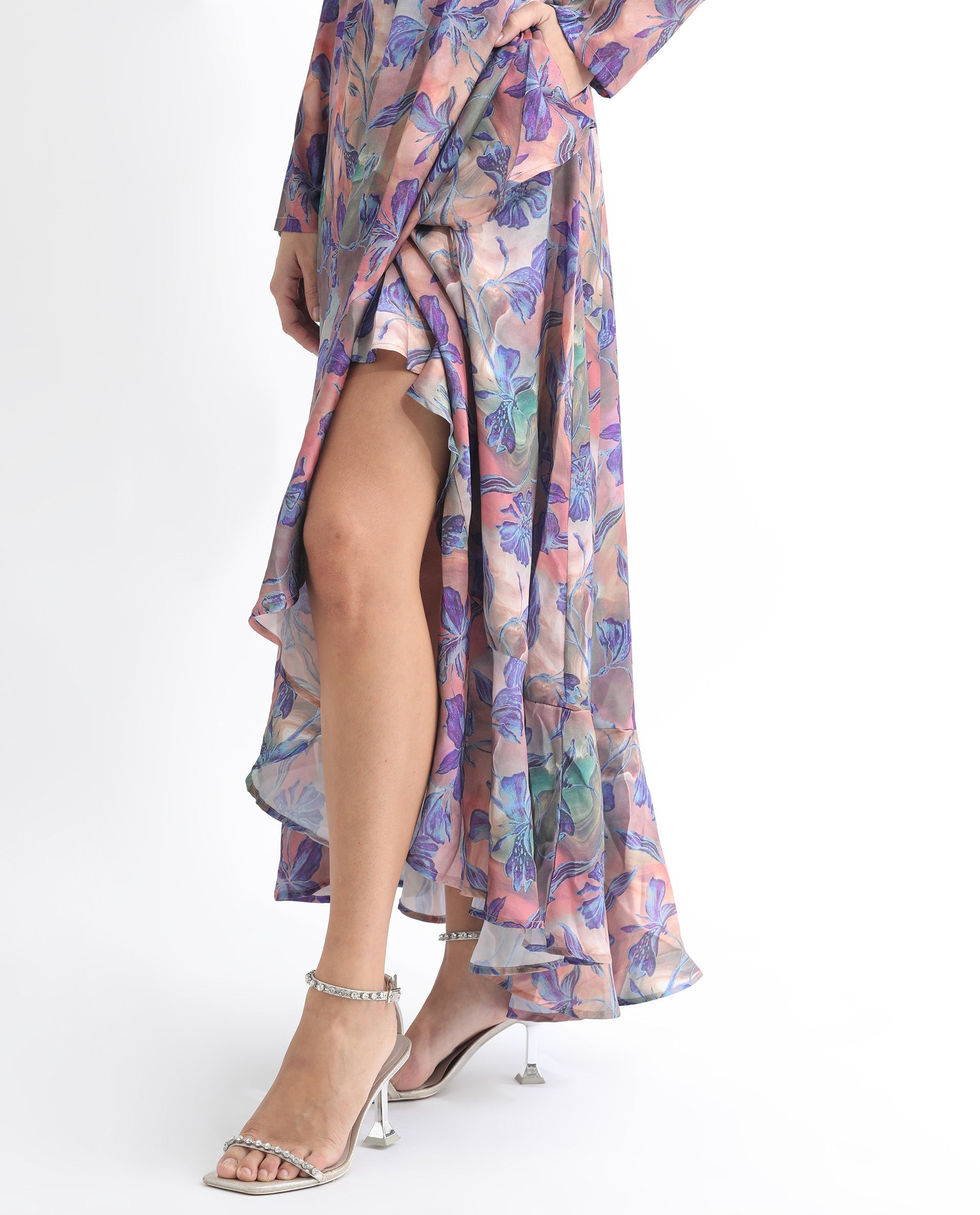 Rareism Women's Belen Pastel Blue Polyester V-Neck Floral Print Maxi Flared Dress
