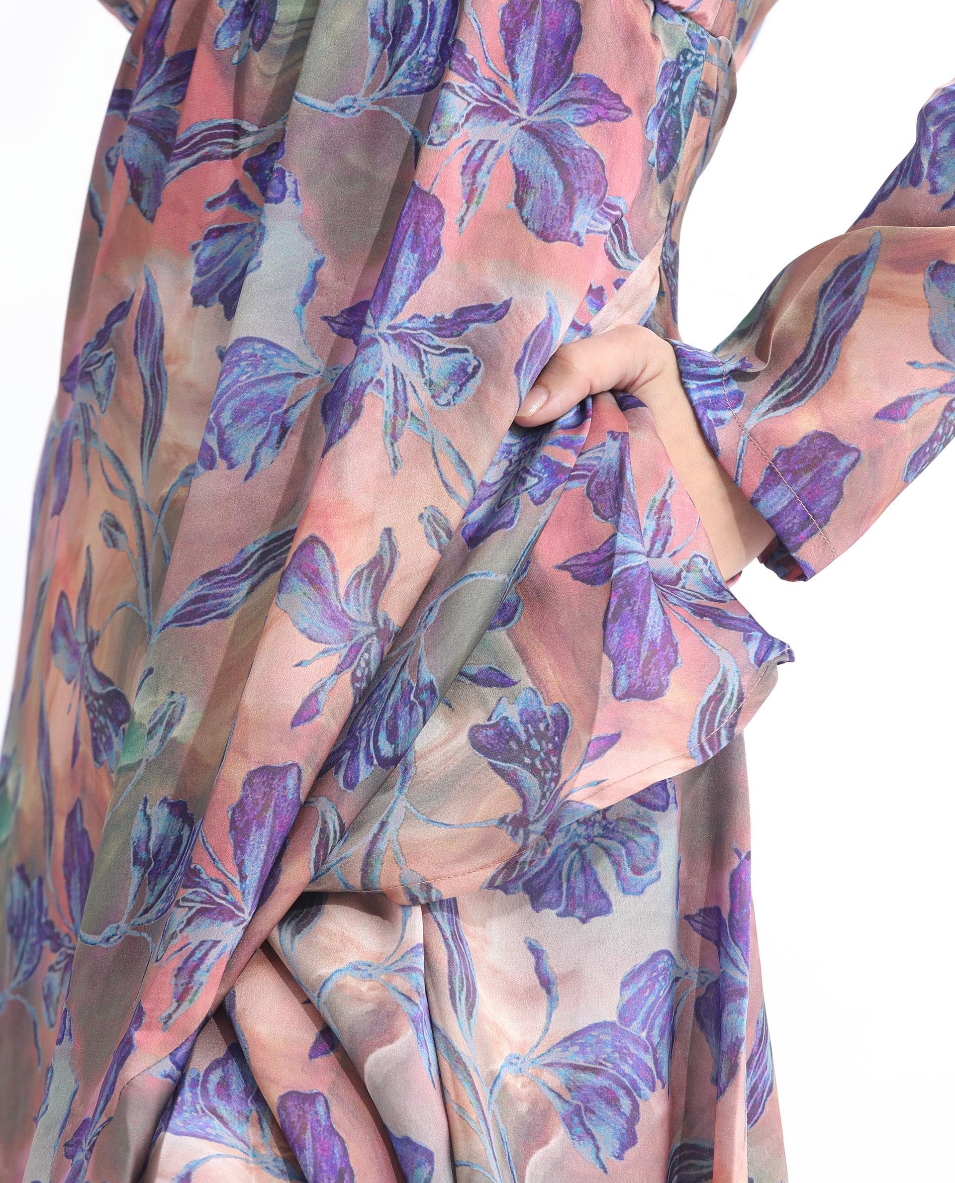 Rareism Women's Belen Pastel Blue Polyester V-Neck Floral Print Maxi Flared Dress