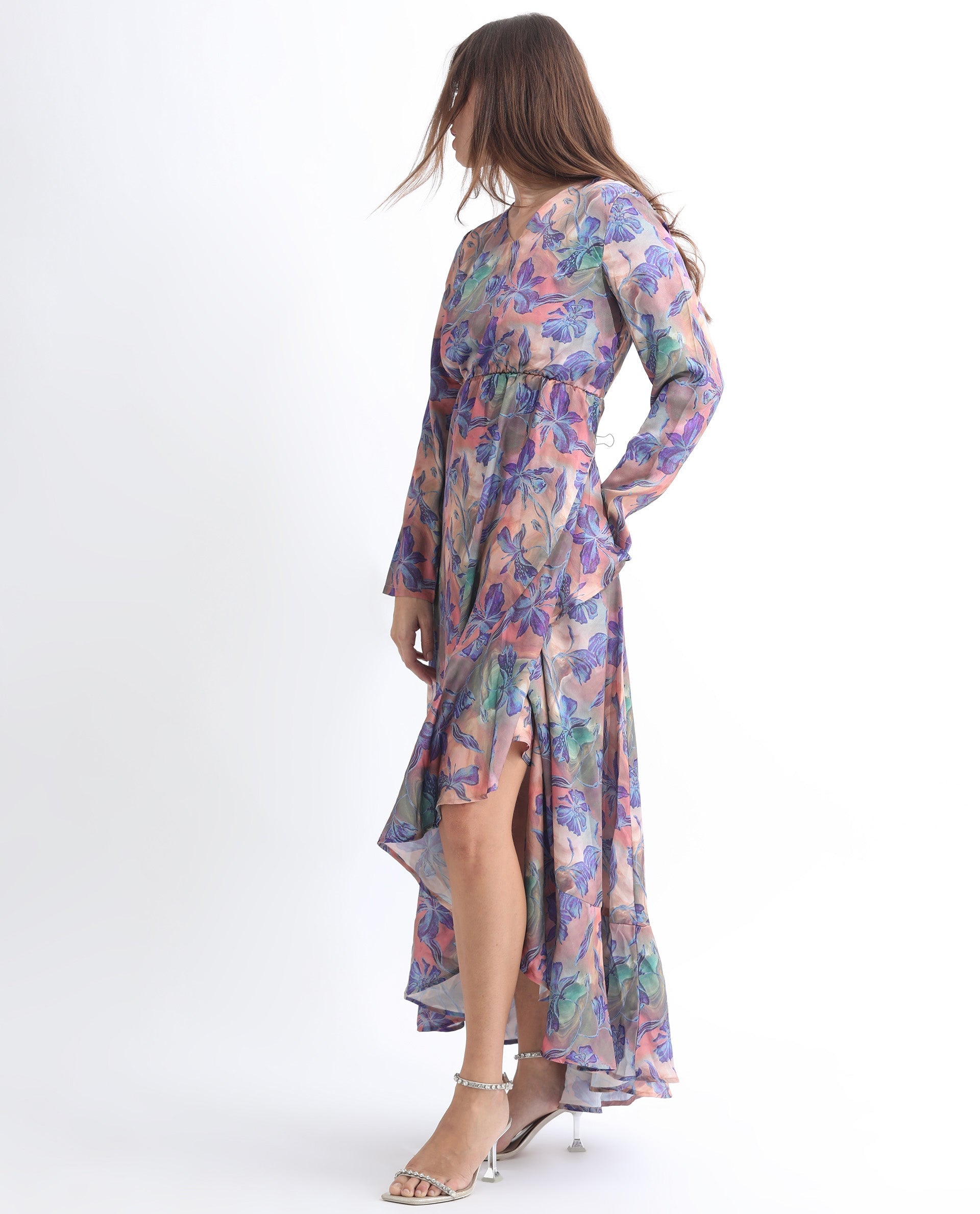 Rareism Women's Belen Pastel Blue Polyester V-Neck Floral Print Maxi Flared Dress