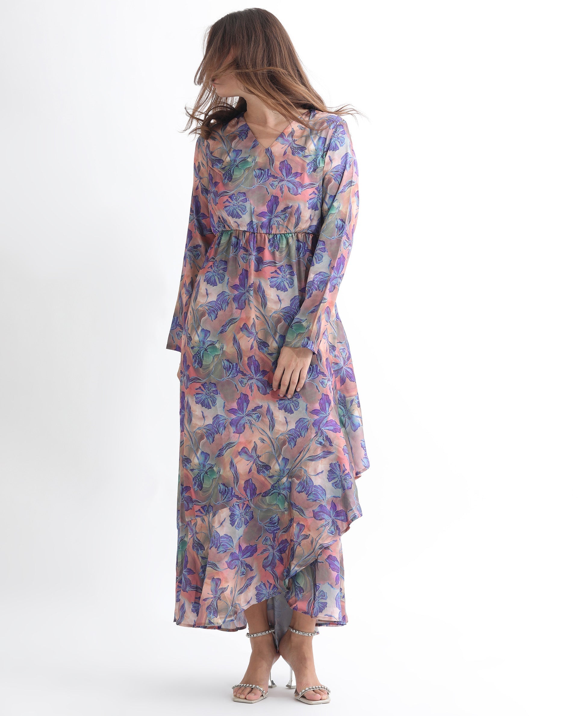 Rareism Women's Belen Pastel Blue Polyester V-Neck Floral Print Maxi Flared Dress
