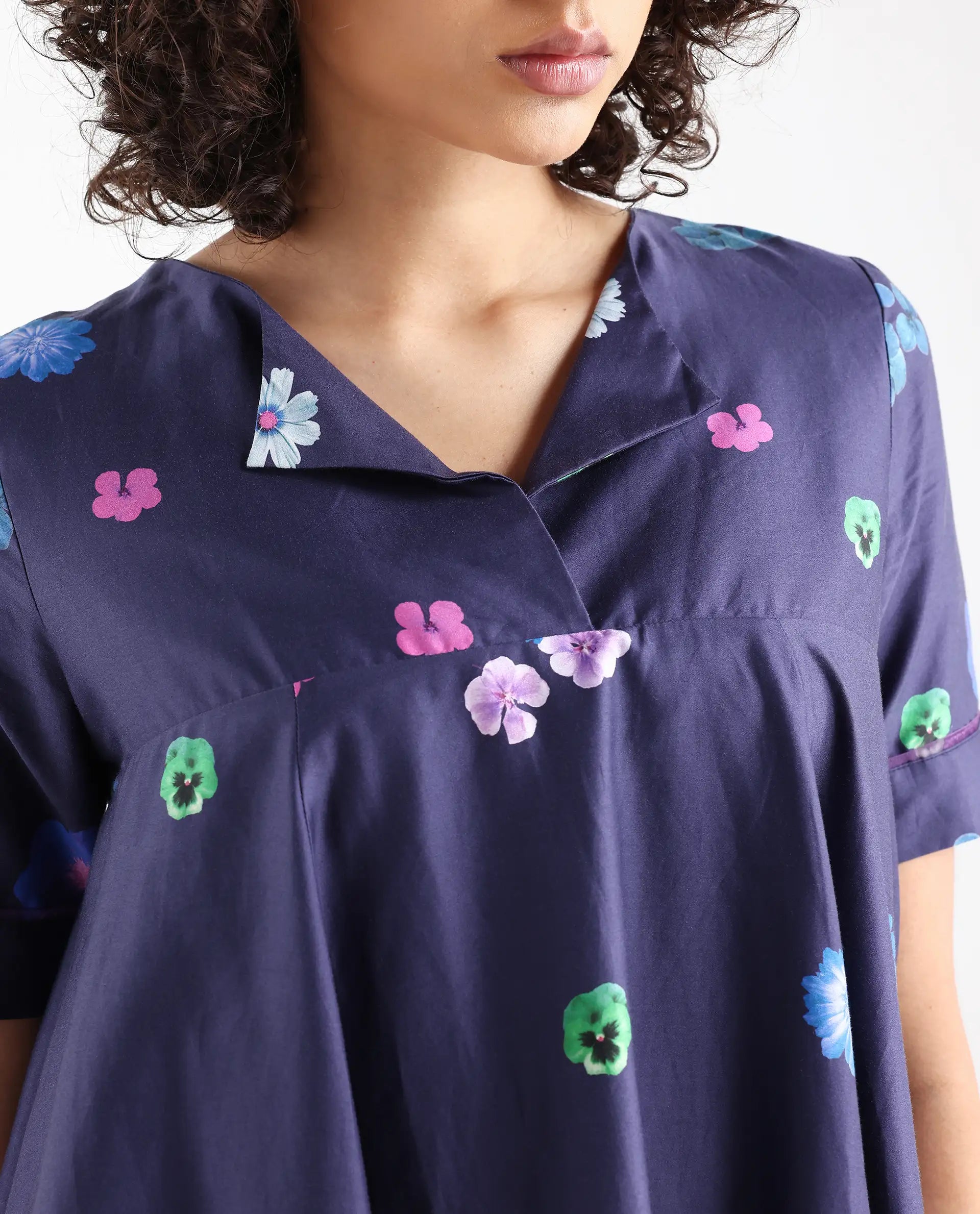 Rareism Women's Belente Blue Polyester Blend Lapel Neck Floral Print Midi Flared Dress