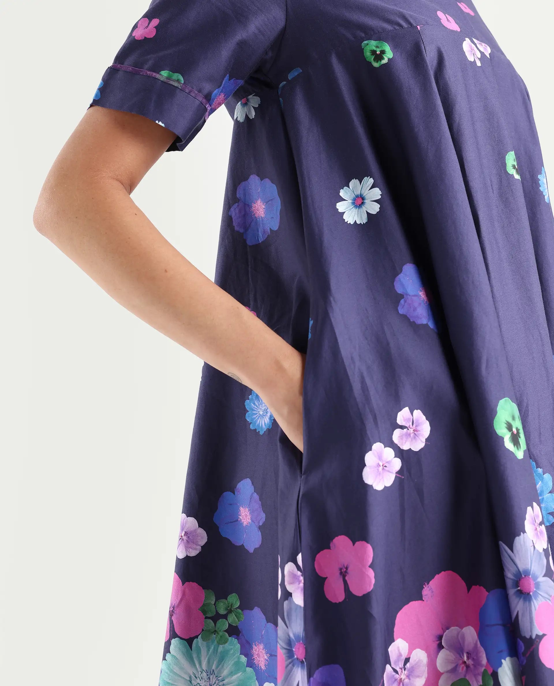 Rareism Women's Belente Blue Polyester Blend Lapel Neck Floral Print Midi Flared Dress