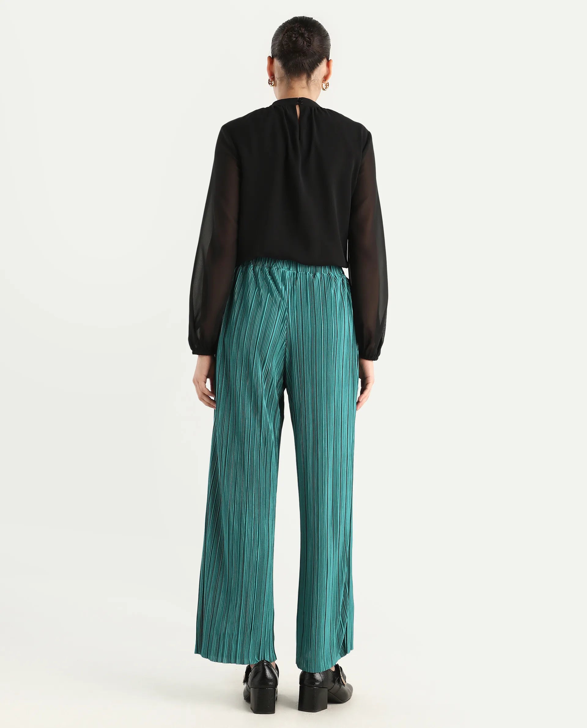 Rareism Women's Belgarde-B Petrol Polyester Plain Ankle Length Straight Fit Trouser