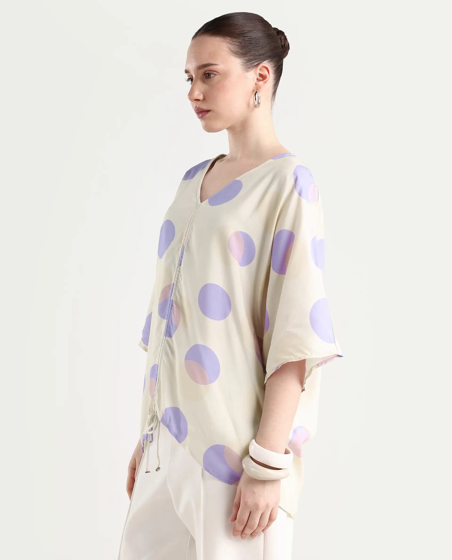 Rareism Women's Bell Beige Viscose V-Neck Polka Print Bell Sleeve Boxy Fit Top