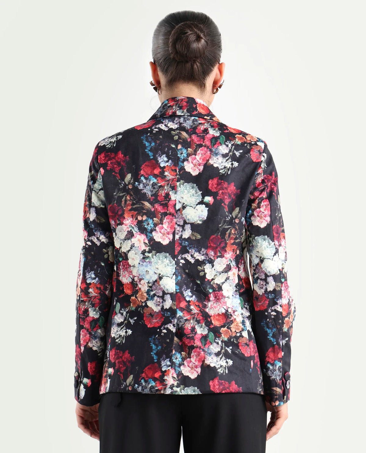 Rareism Women's Bellob Black Velvet Lapel Neck Floral Print Tailored Blazer