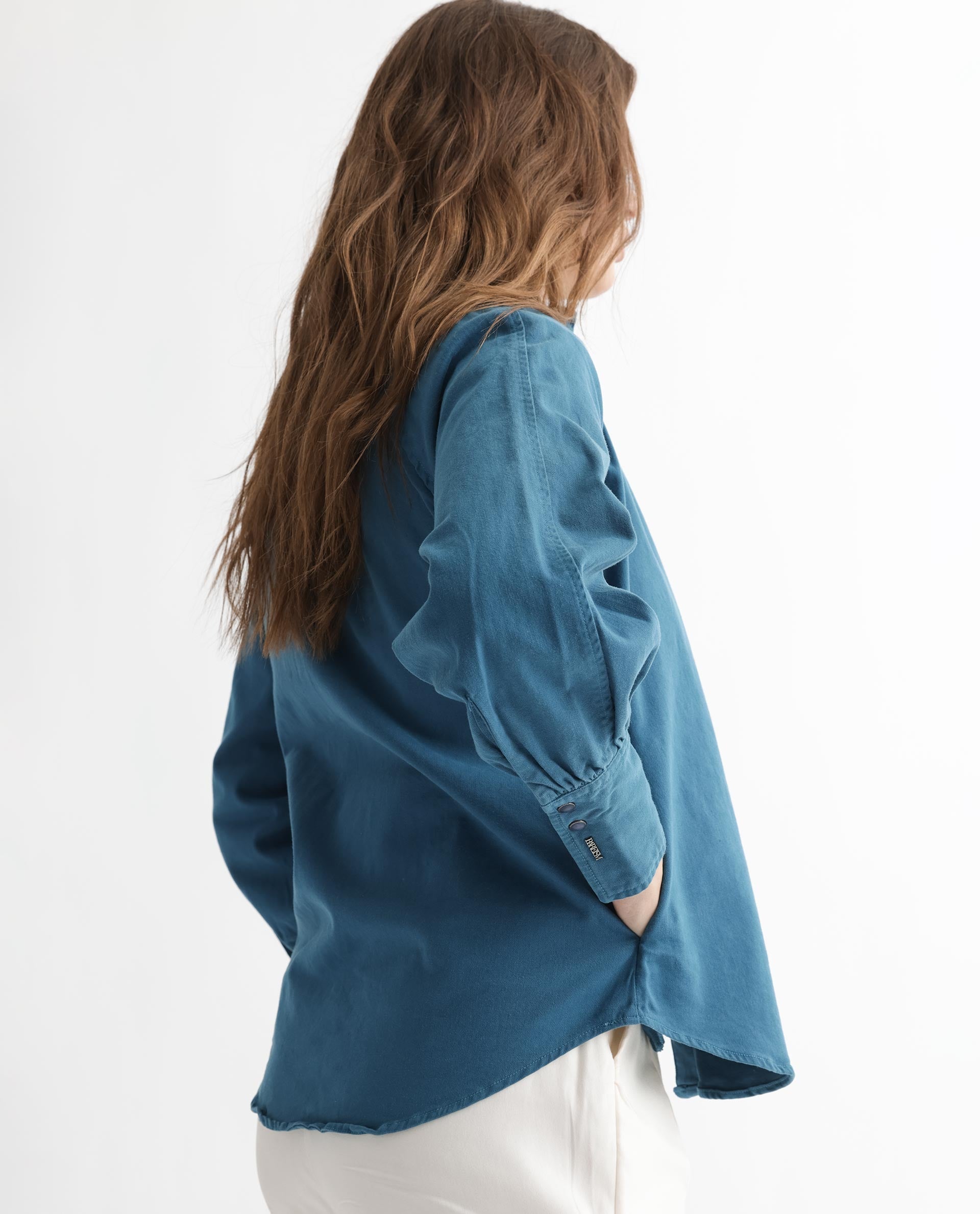 Rareism Women Bellona Petrol Cotton Fabric Full Sleeves Solid Ruffled Neck Jacket