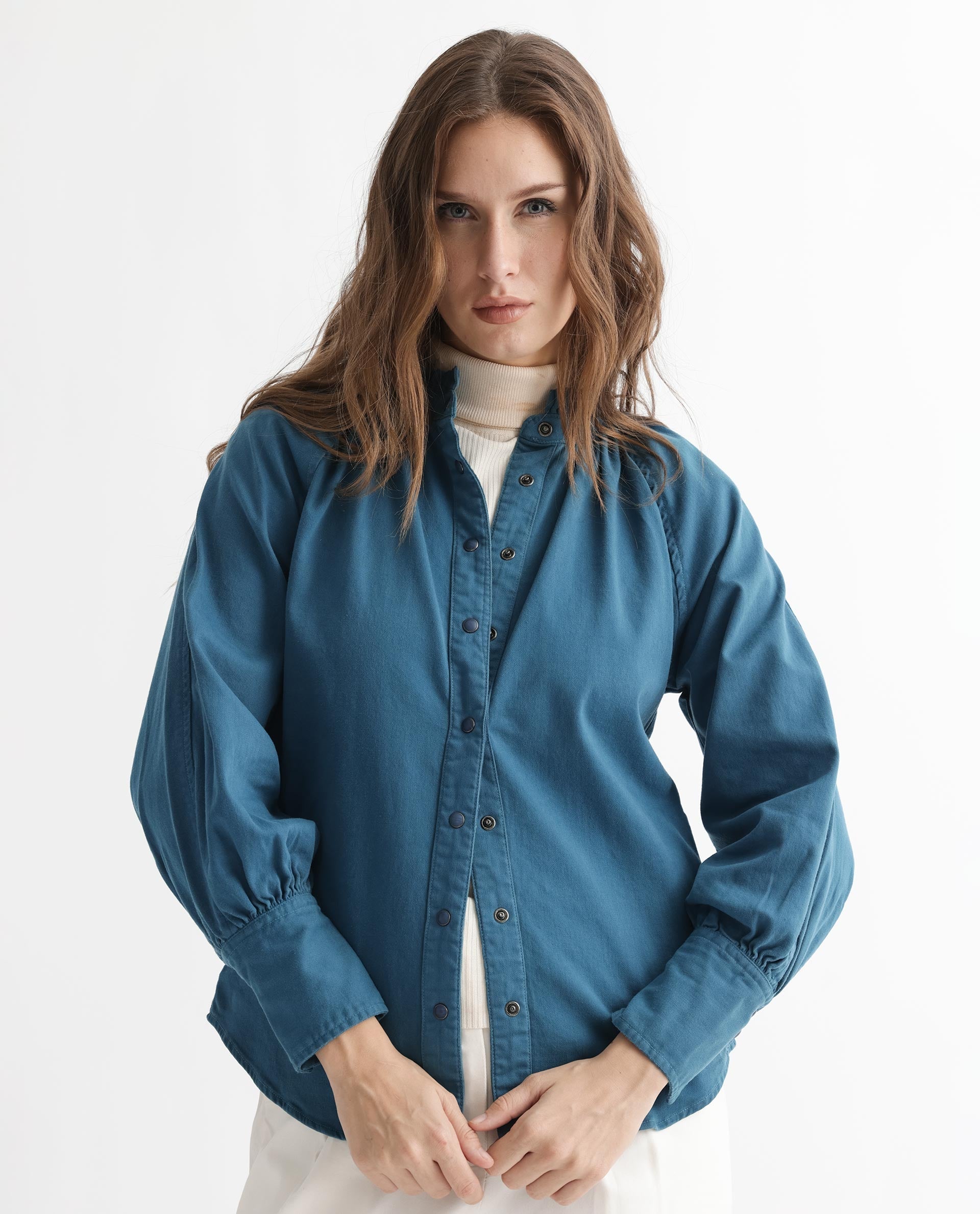 Rareism Women's Bellona Petrol Cotton Sweetheart Neck Plain Regular Fit Jacket