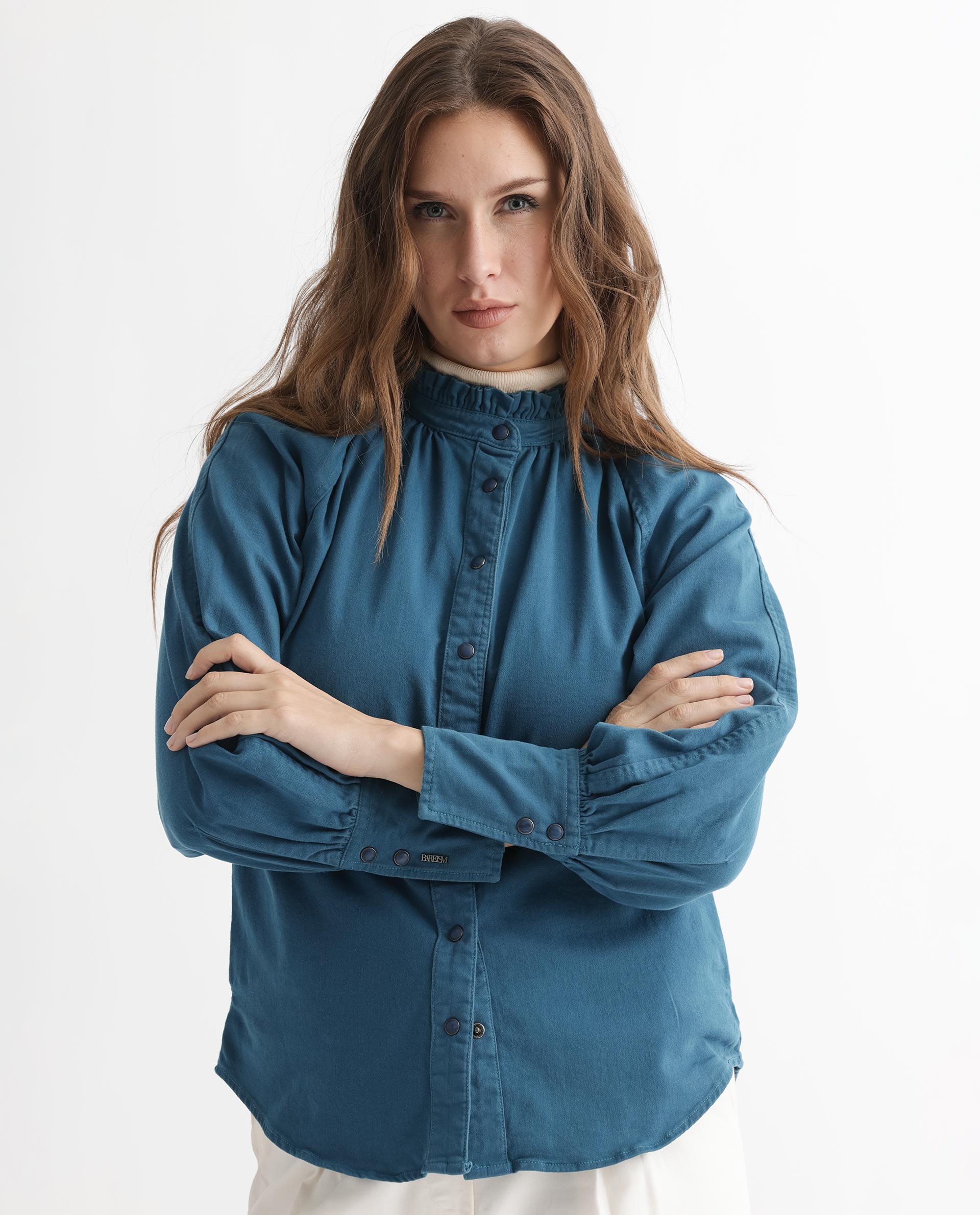 Rareism Women's Bellona Petrol Cotton Sweetheart Neck Plain Regular Fit Jacket