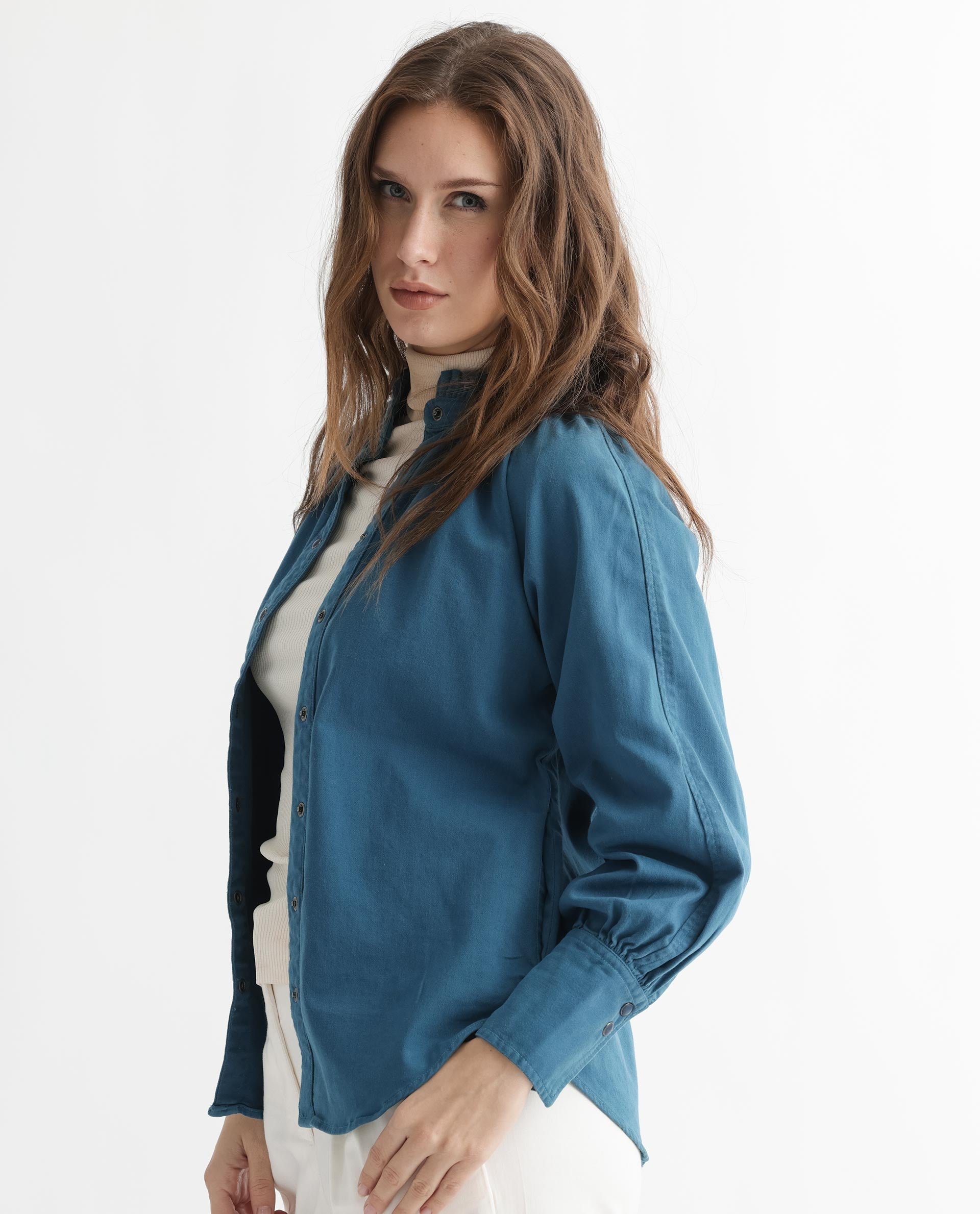 Rareism Women Bellona Petrol Cotton Fabric Full Sleeves Solid Ruffled Neck Jacket