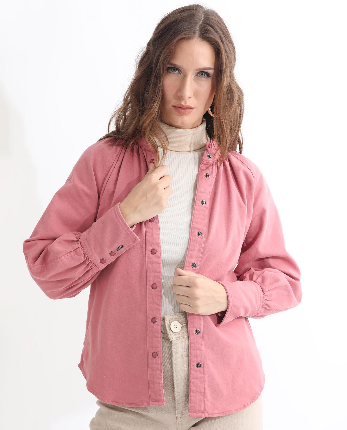 Rareism Women Bellona Dusky Pink Cotton Fabric Full Sleeves Solid Ruffled Neck Jacket