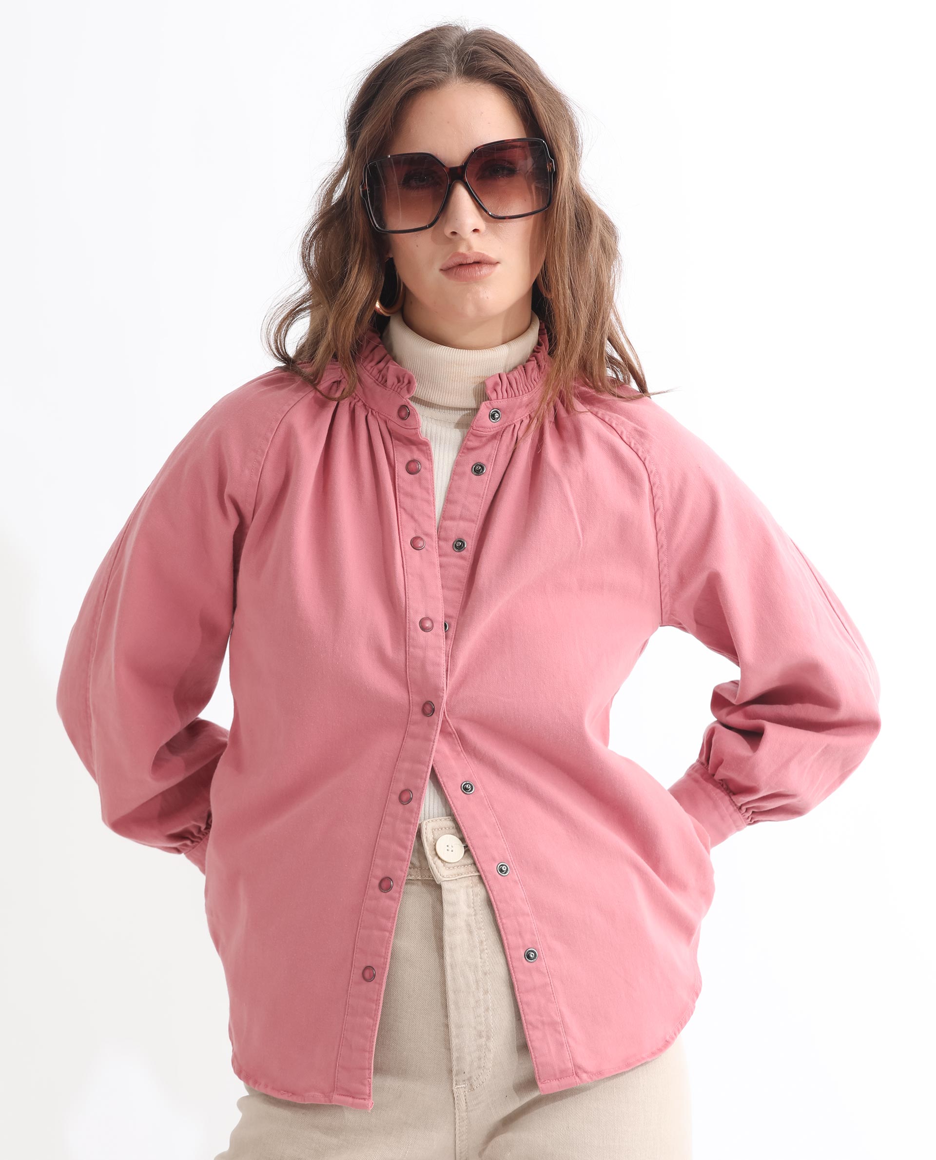 Rareism Women Bellona Dusky Pink Cotton Fabric Full Sleeves Solid Ruffled Neck Jacket