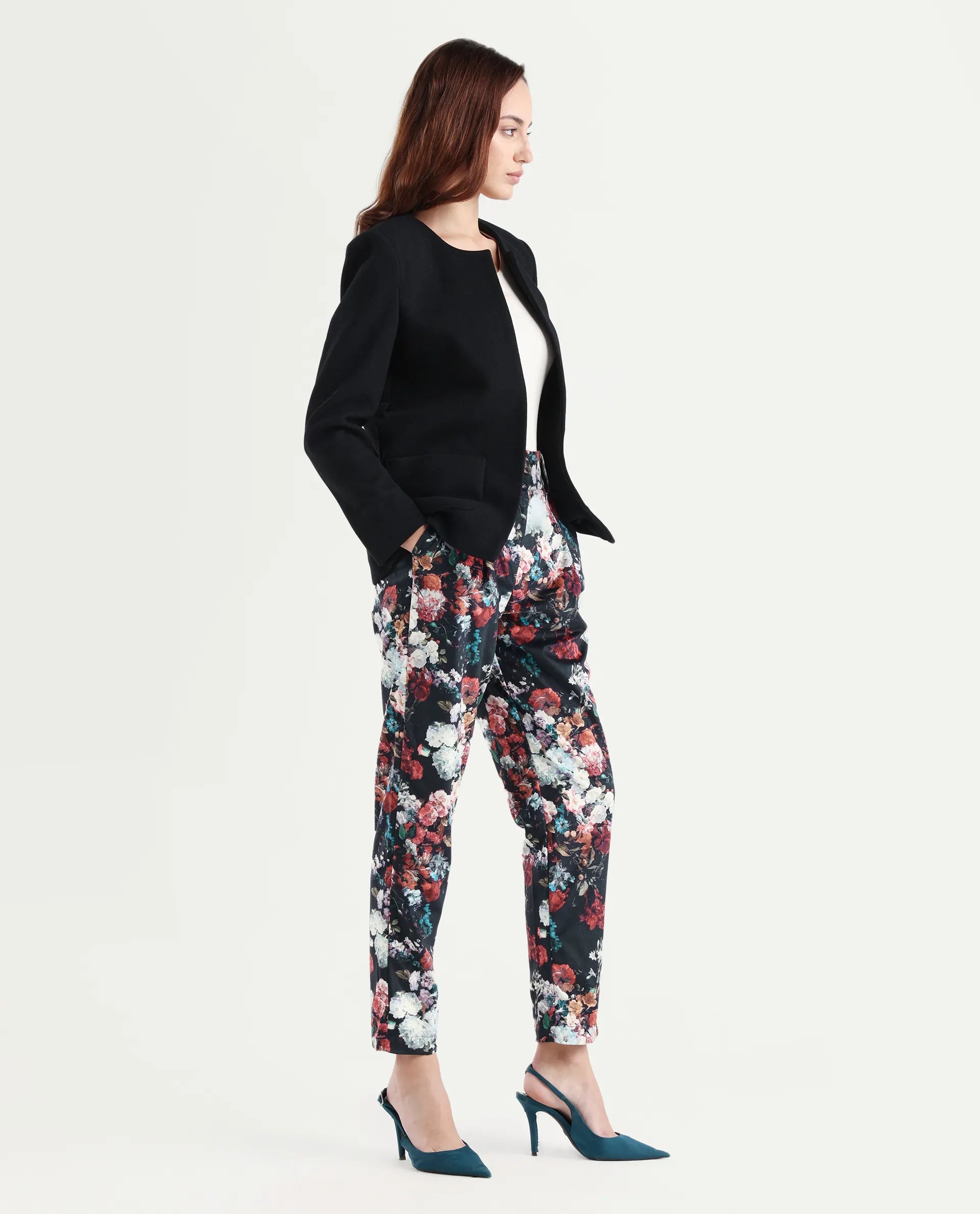 Rareism Women's Bellot Black Velvet Floral Print Ankle Length Slim Fit Trouser