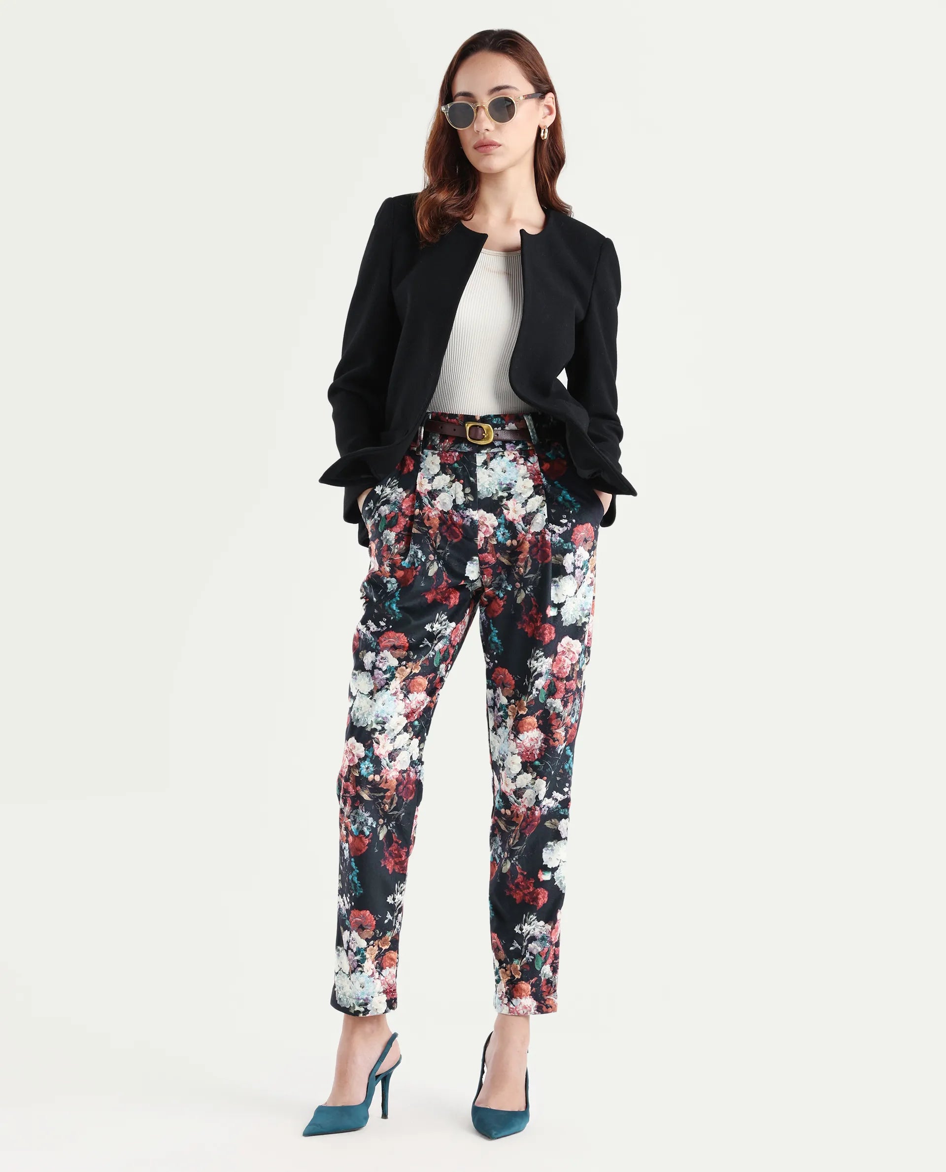 Rareism Women's Bellot Black Velvet Floral Print Ankle Length Slim Fit Trouser
