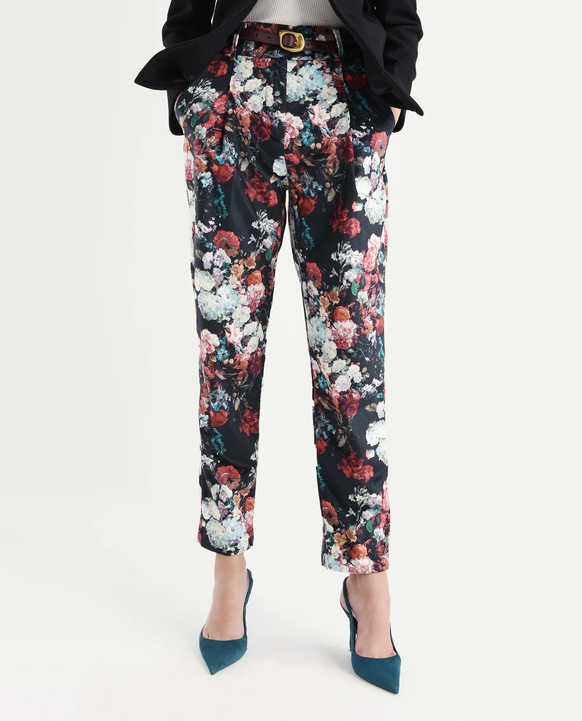 Rareism Women's Bellot Black Velvet Floral Print Ankle Length Slim Fit Trouser