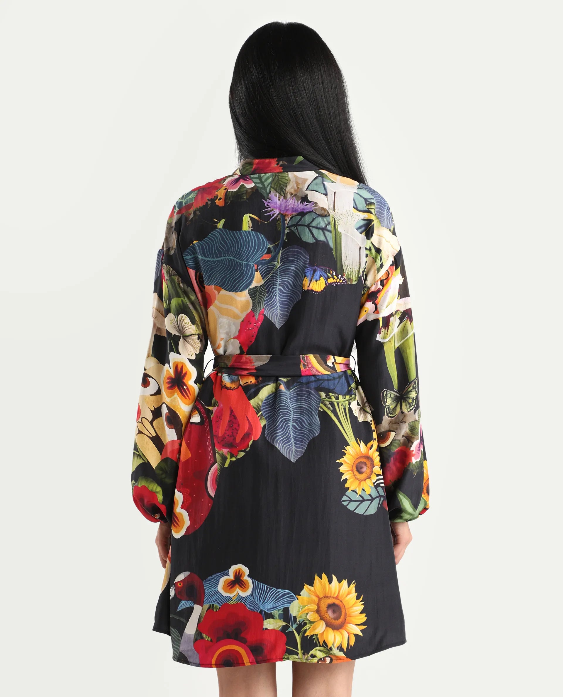 Rareism Women's Bemti Black Silk Full Sleeve Flared Abstract Print Dress