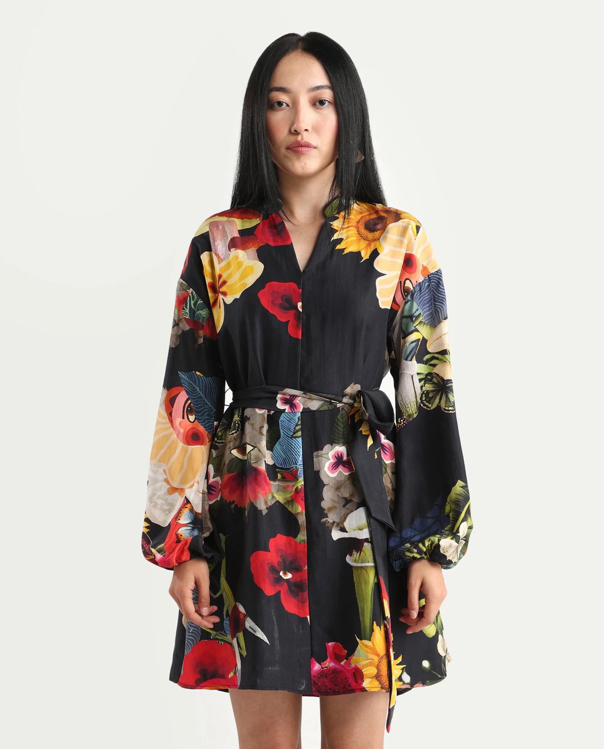 Rareism Women's Bemti Black Silk Full Sleeve Flared Abstract Print Dress