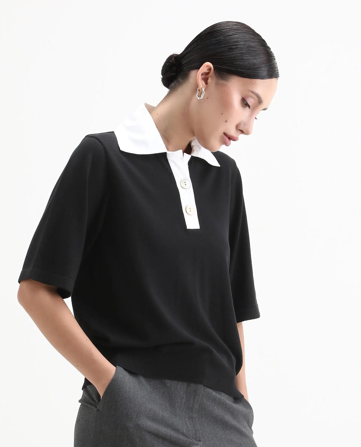 Rareism Women's Bene Black Drop Collar Plain Relaxed Fit Top