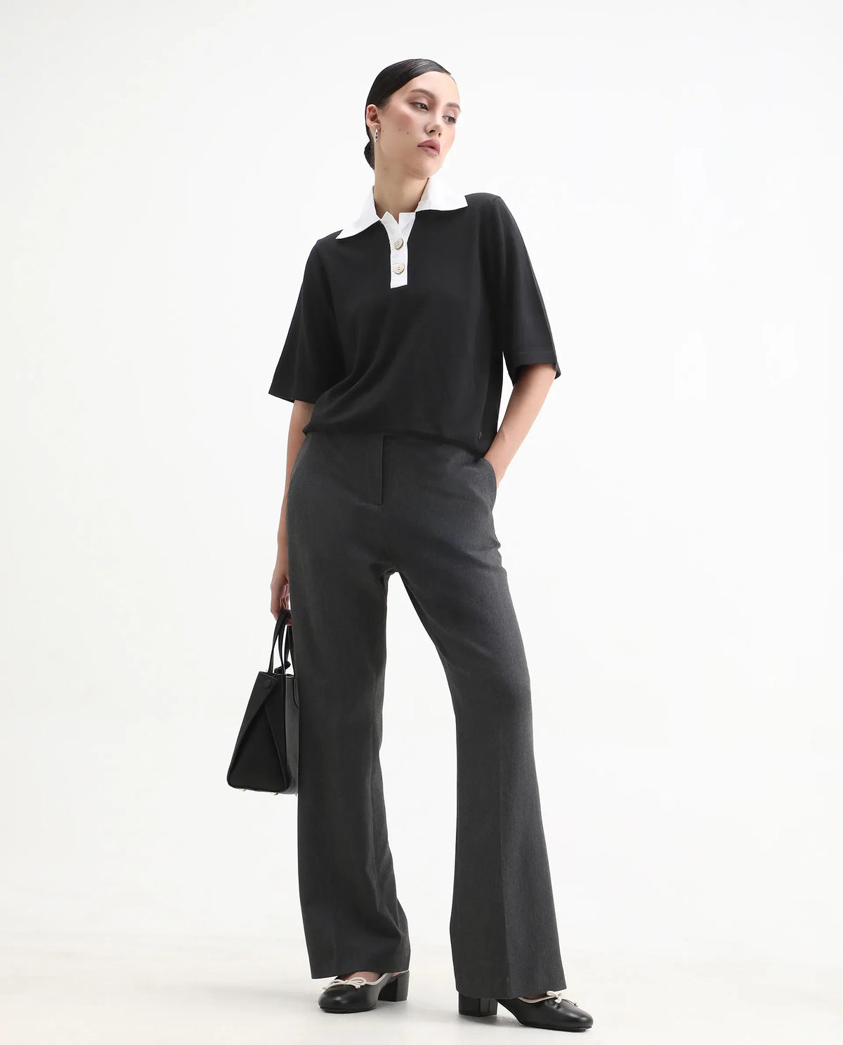 Rareism Women's Bene Black Drop Collar Plain Relaxed Fit Top