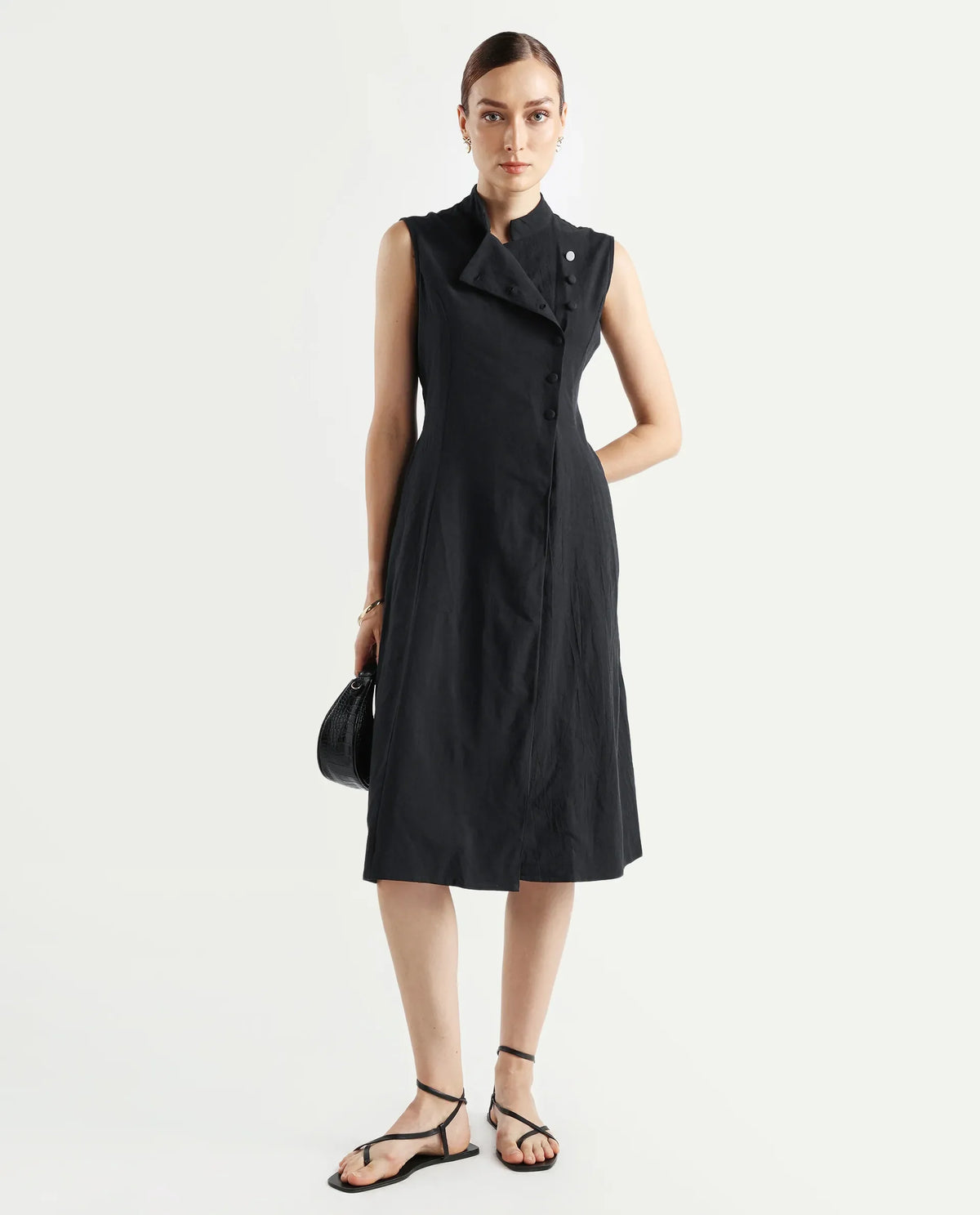 Rareism Women's Beniz Dark Black Cotton High Neck Plain Sleeveless Midi A-Line Dress