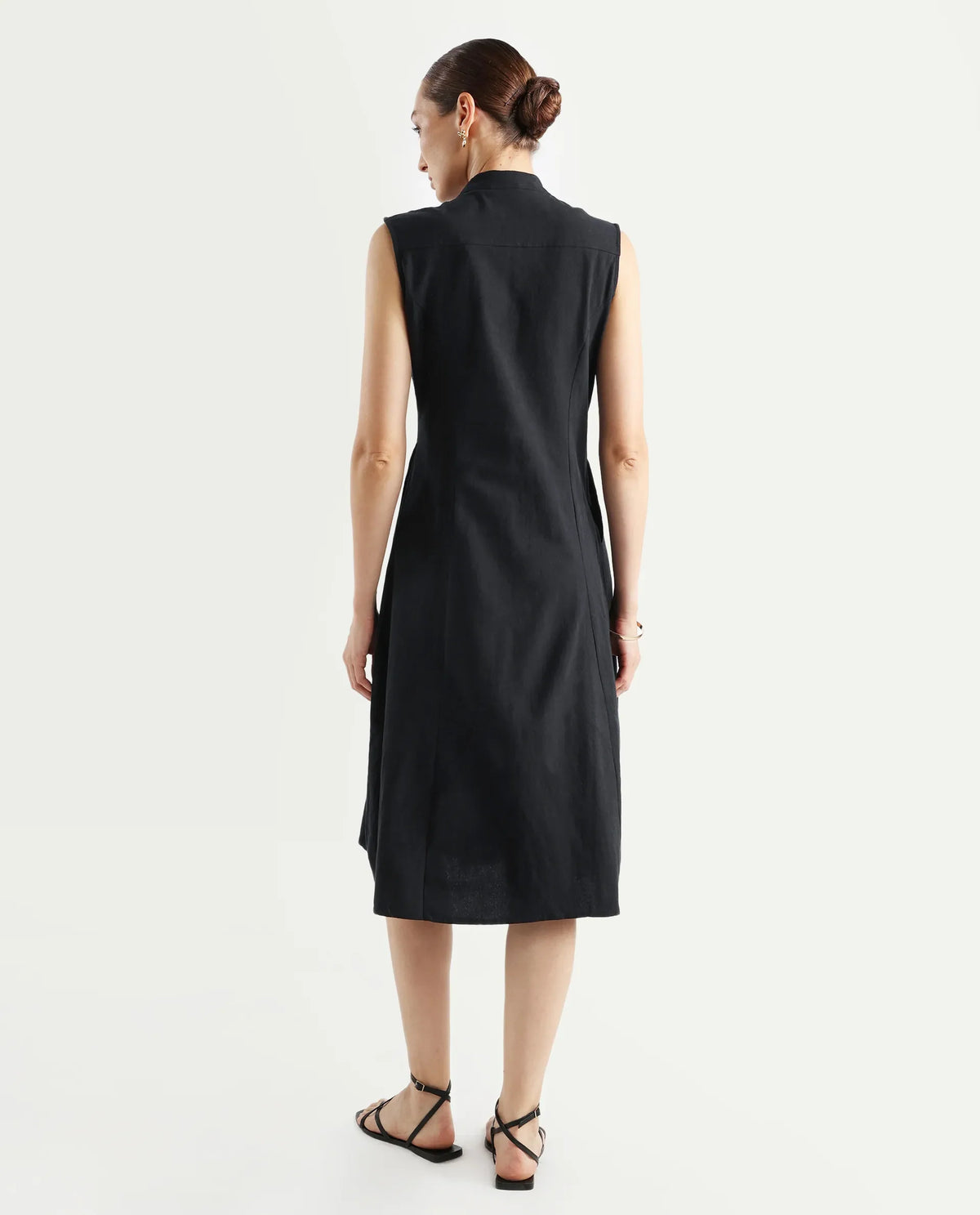 Rareism Women's Beniz Dark Black Cotton High Neck Plain Sleeveless Midi A-Line Dress