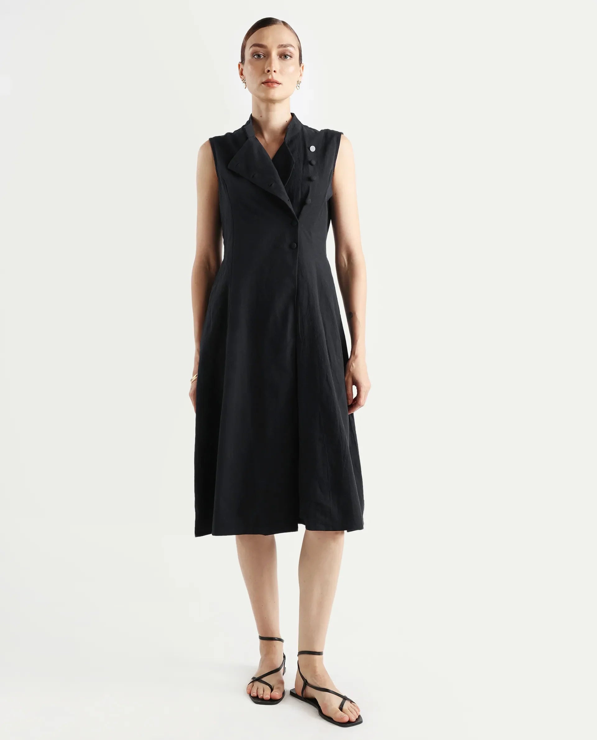 Rareism Women's Beniz Dark Black Cotton High Neck Plain Sleeveless Midi A-Line Dress