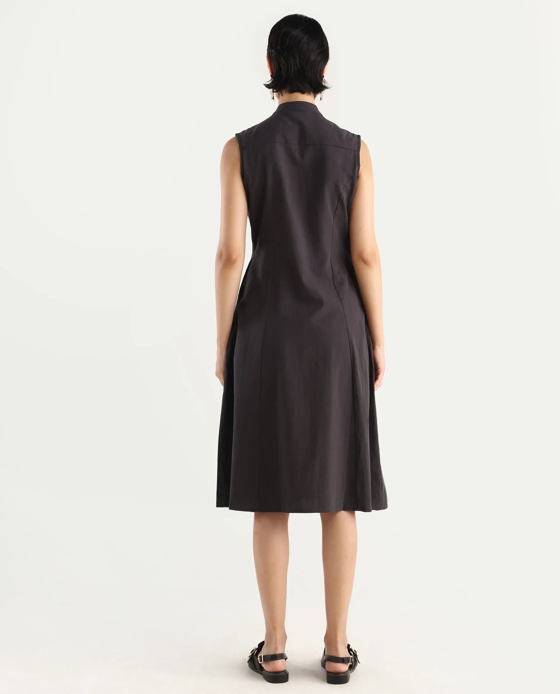 Rareism Women's Beniz Dark Brown Cotton High Neck Plain Sleeveless Midi A-Line Dress