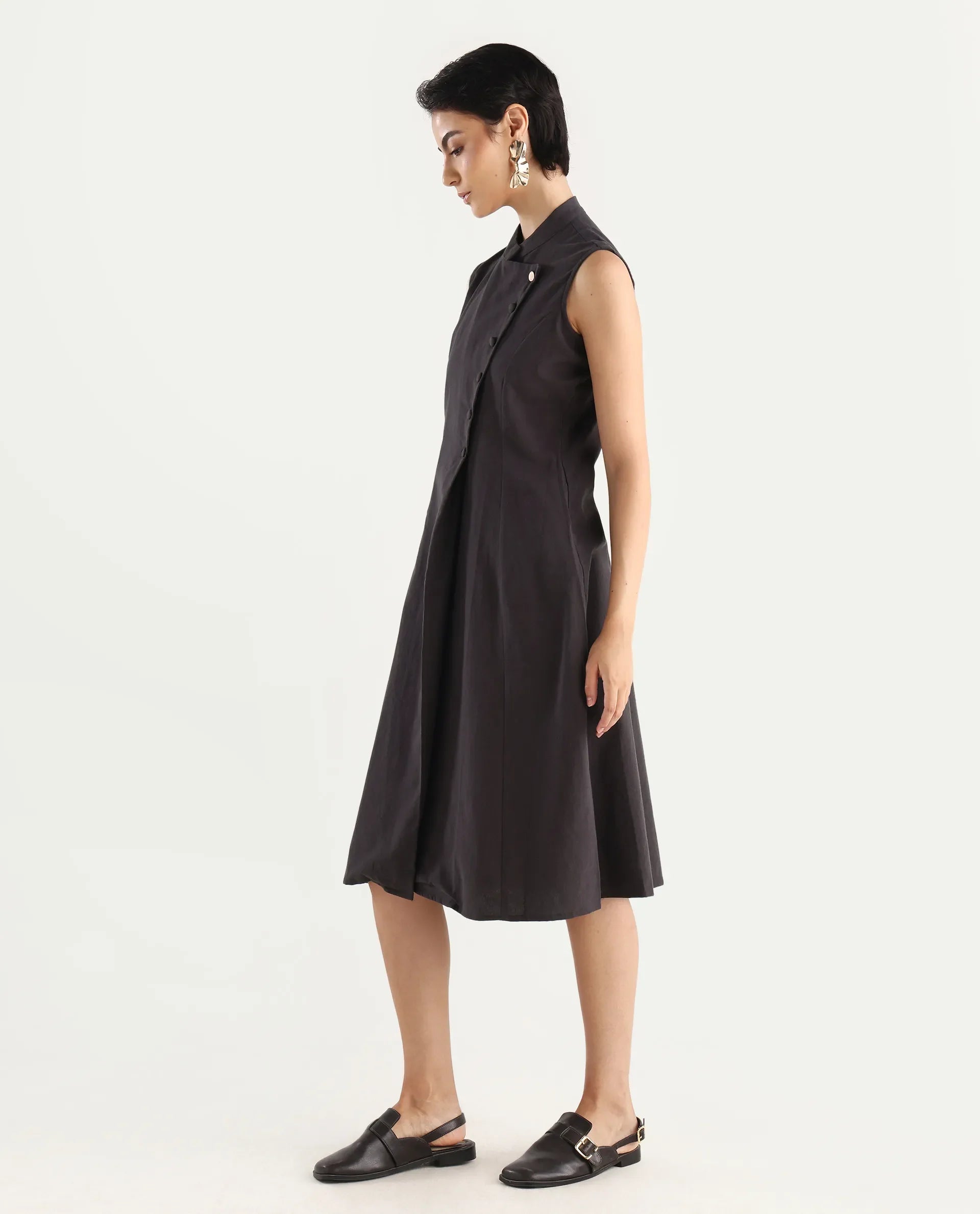 Rareism Women's Beniz Dark Brown Cotton High Neck Plain Sleeveless Midi A-Line Dress