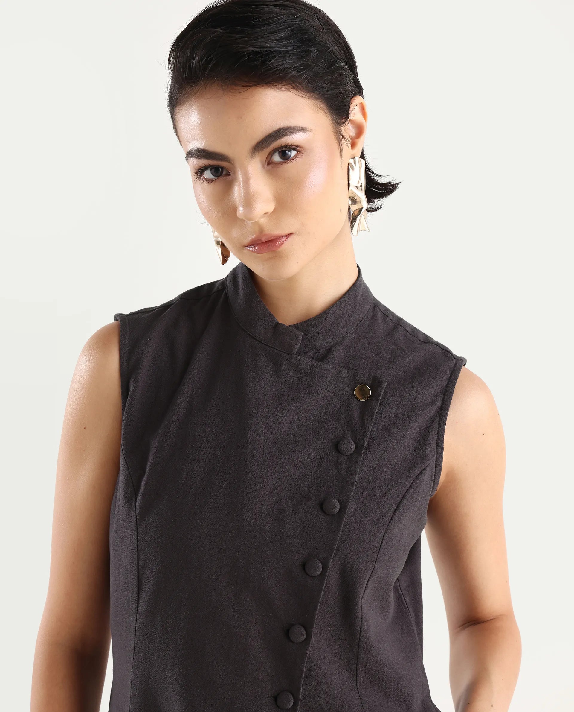 Rareism Women's Beniz Dark Brown Cotton High Neck Plain Sleeveless Midi A-Line Dress