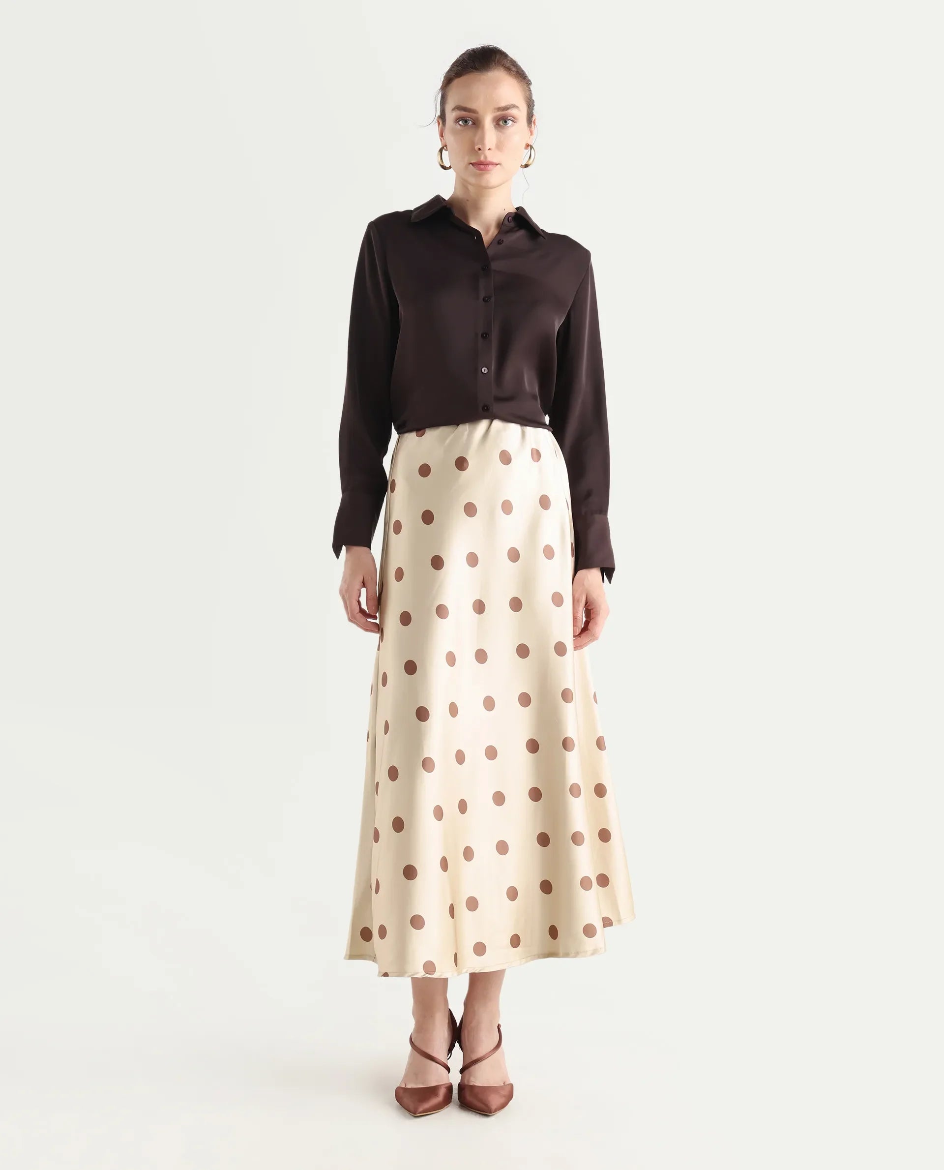 Rareism Women's Berdo-B Beige Polyester Blend Polka Print Maxi Flared Skirt