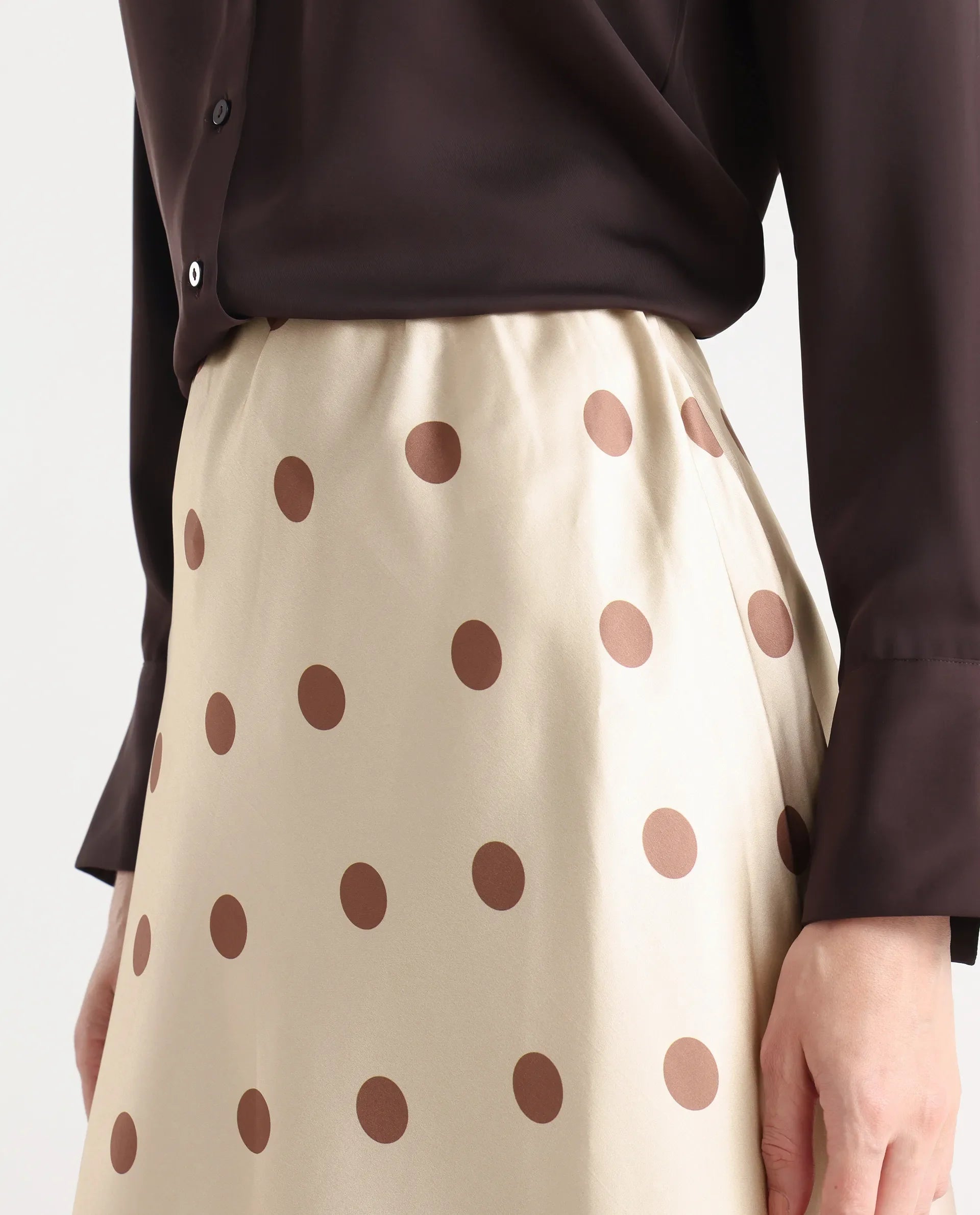 Rareism Women's Berdo-B Beige Polyester Blend Polka Print Maxi Flared Skirt