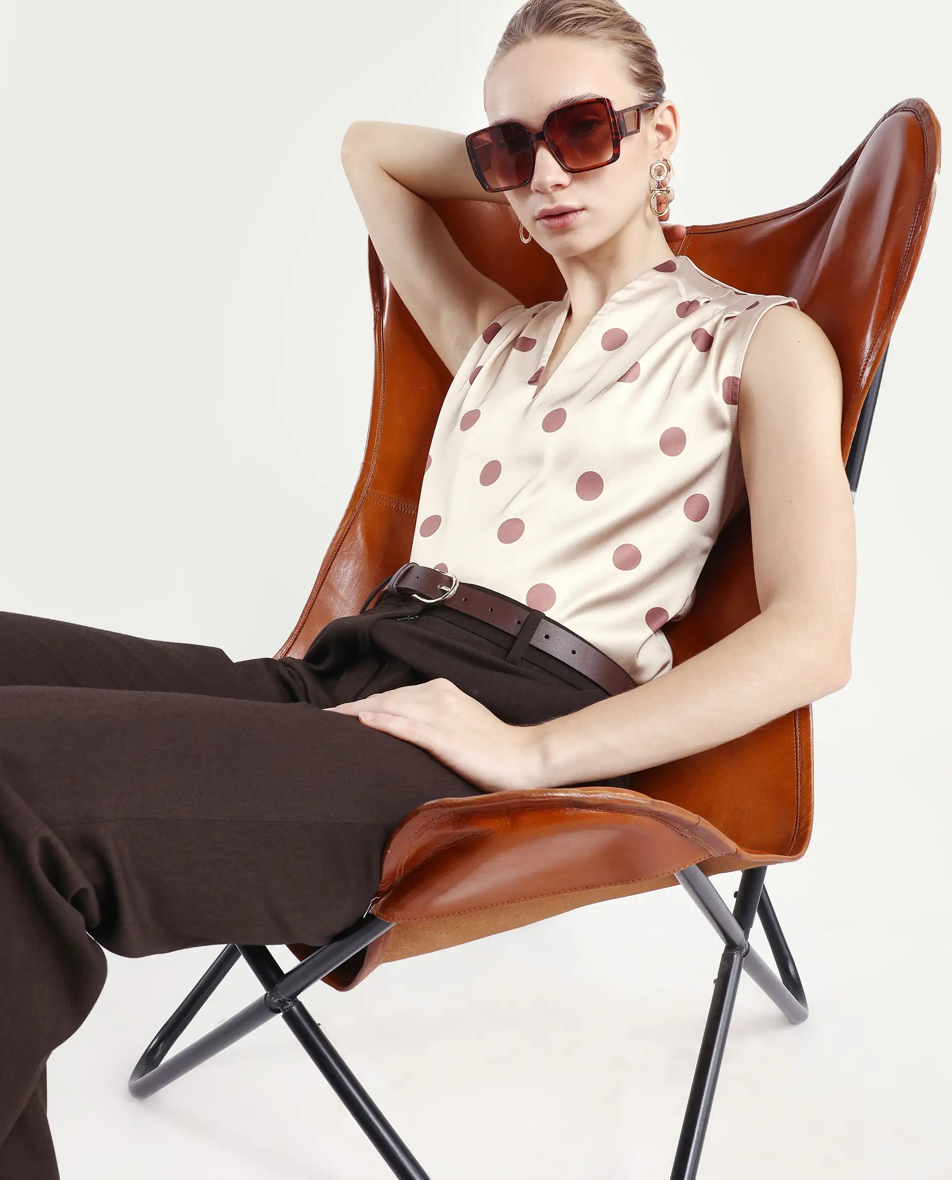 Rareism Women's Berdo-T Beige Polyester V-Neck Polka Print Sleeveless Regular Fit Top