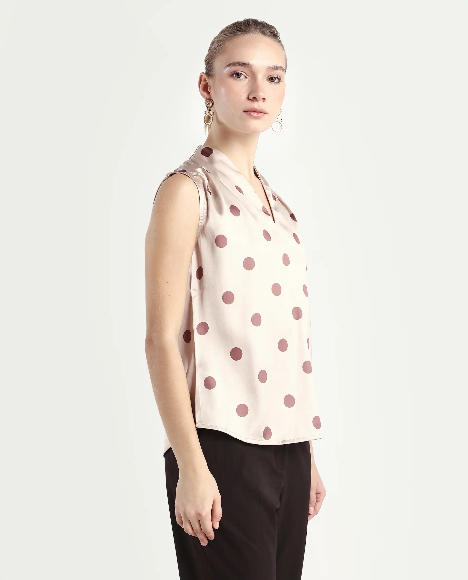 Rareism Women's Berdo-T Beige Polyester V-Neck Polka Print Sleeveless Regular Fit Top
