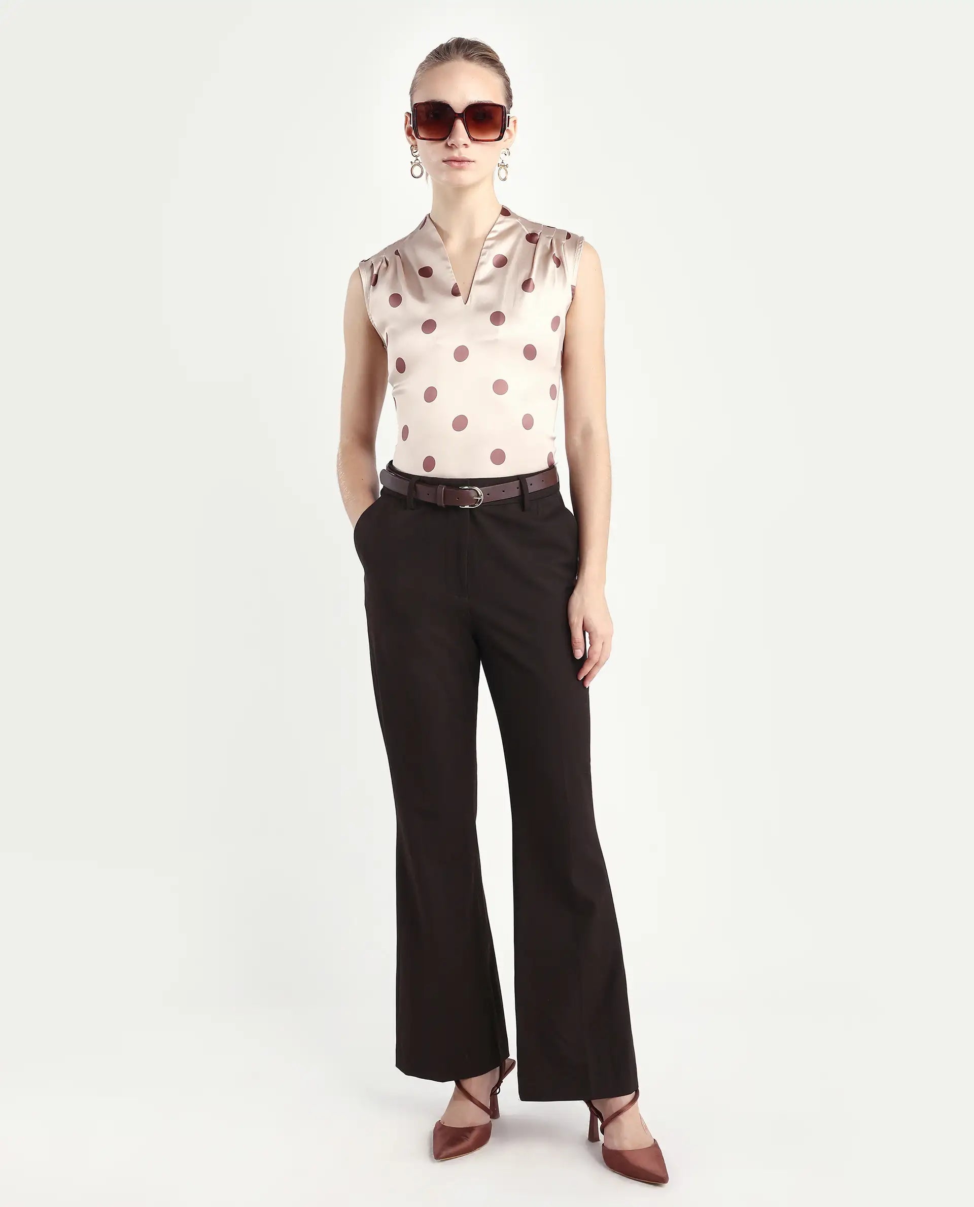 Rareism Women's Berdo-T Beige Polyester V-Neck Polka Print Sleeveless Regular Fit Top