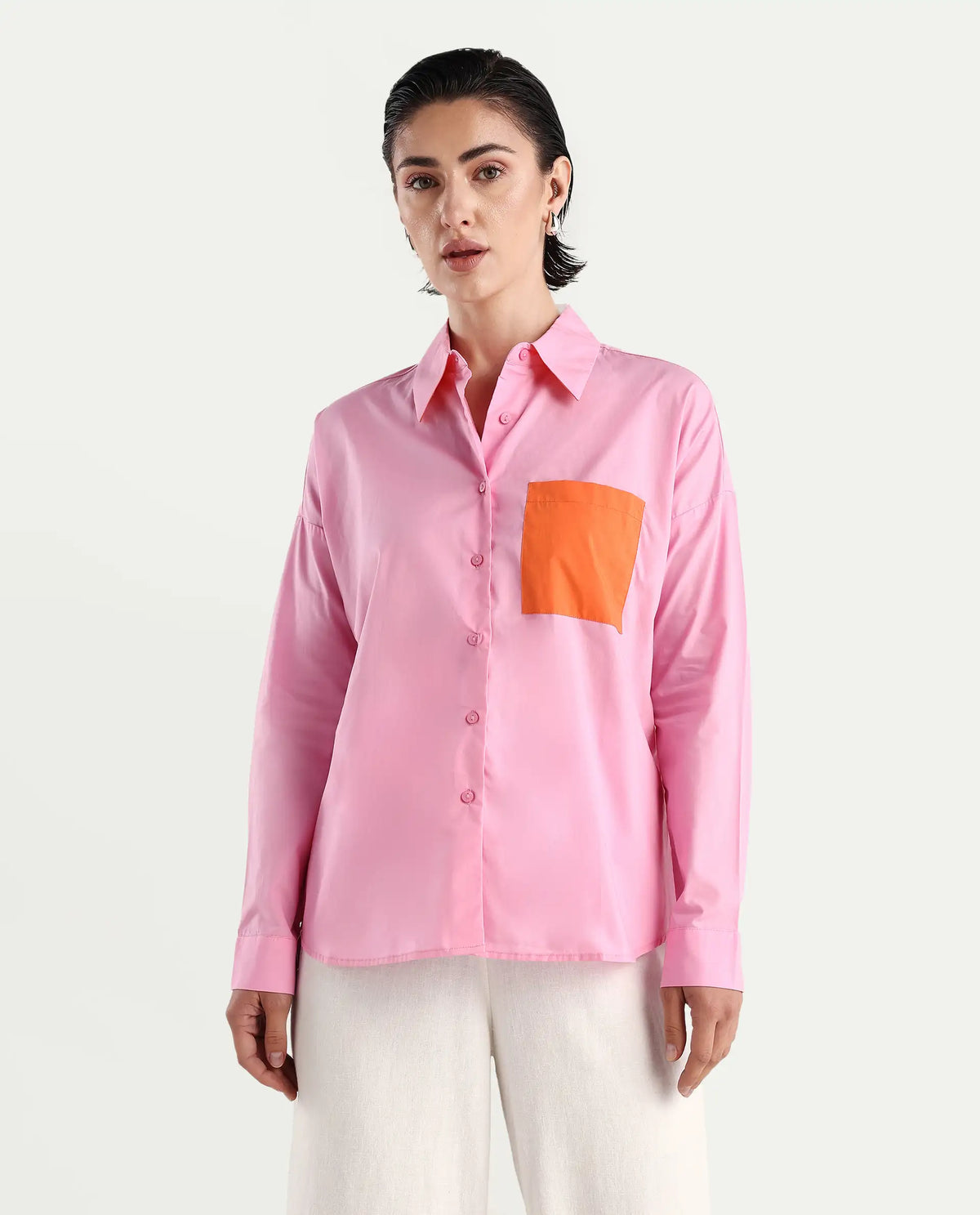 Rareism Women's Bereio Pink Cotton Drop Collar Plain Cuffed Sleeve Regular Fit Shirt