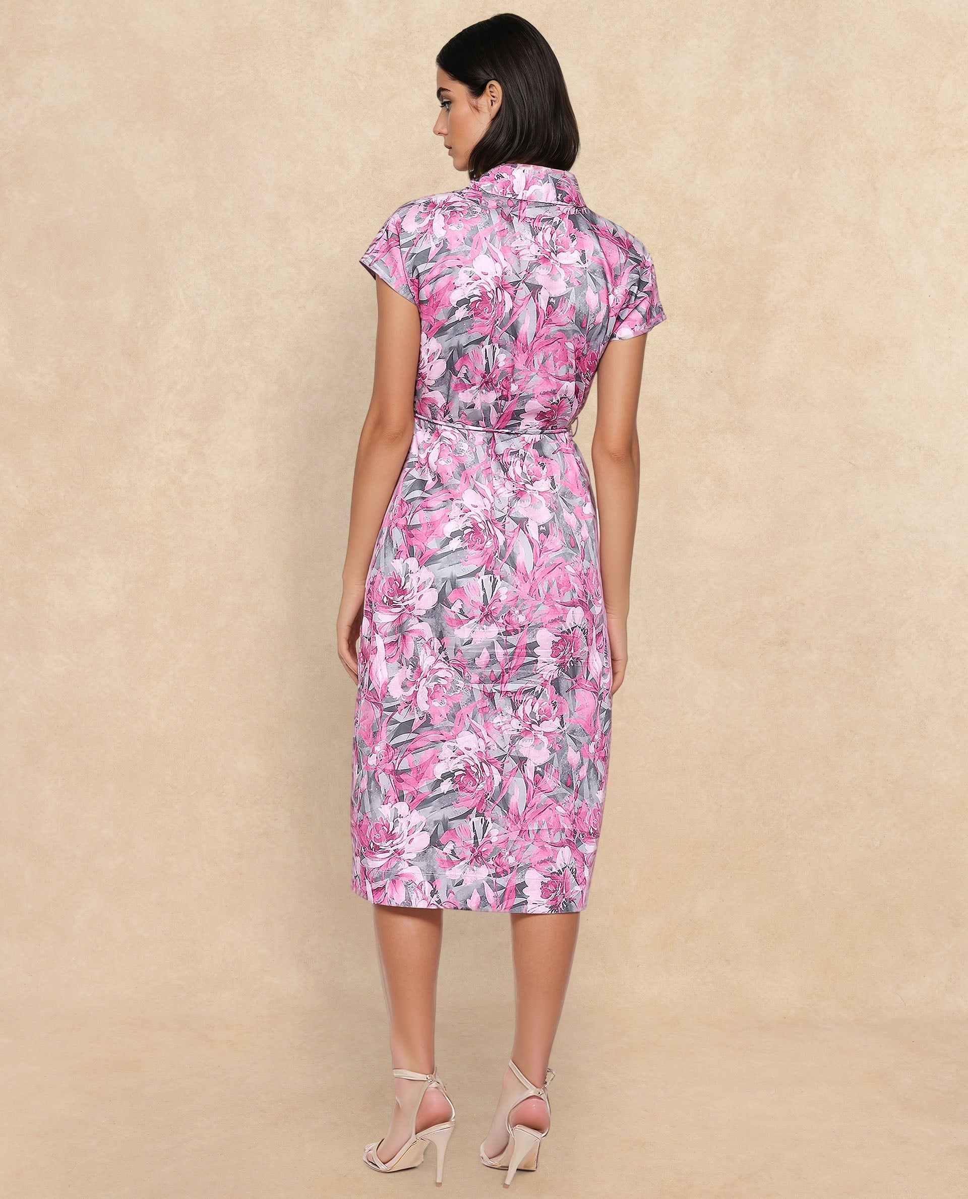 Rareism Women's Berlong Multi Cotton Blend Drop Collar Floral Print Midi A-Line Dress