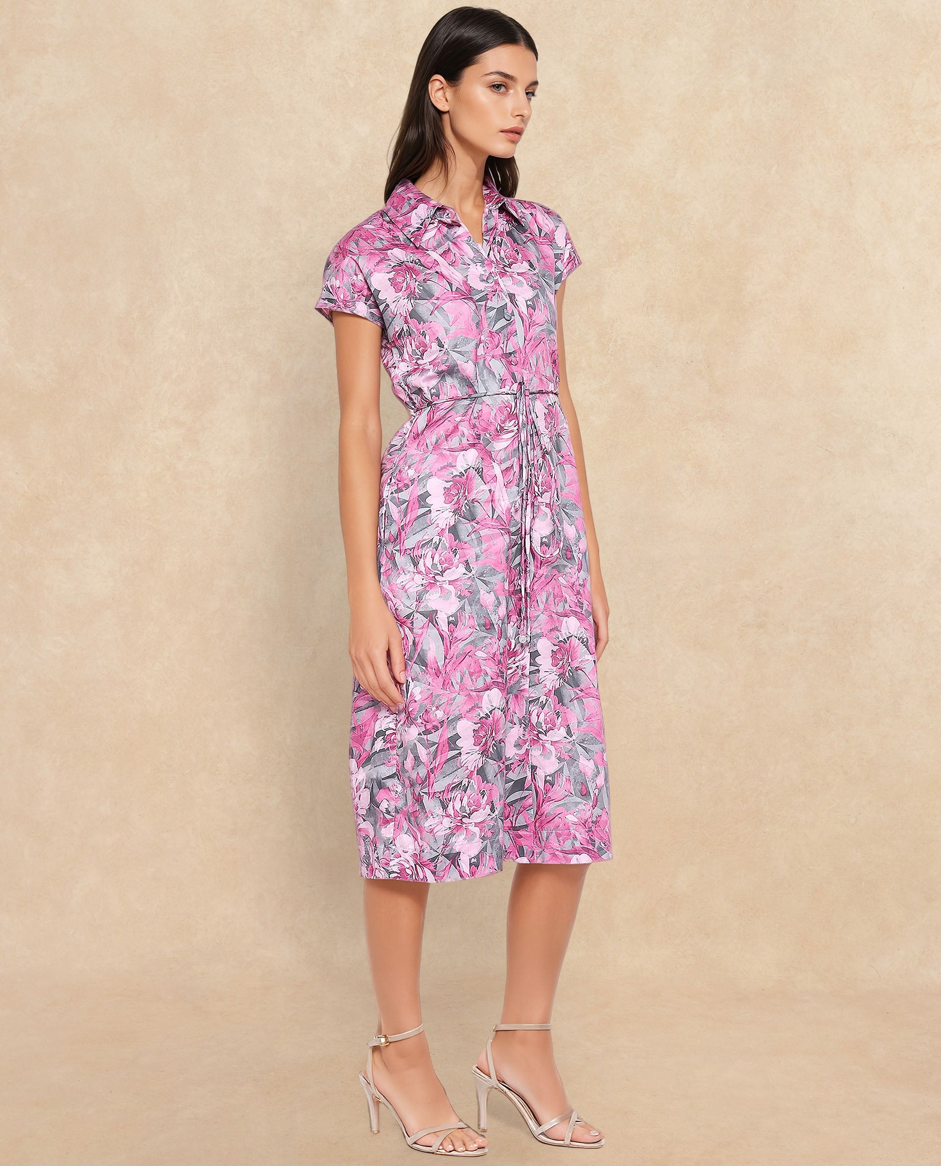 Rareism Women's Berlong Multi Cotton Blend Drop Collar Floral Print Midi A-Line Dress
