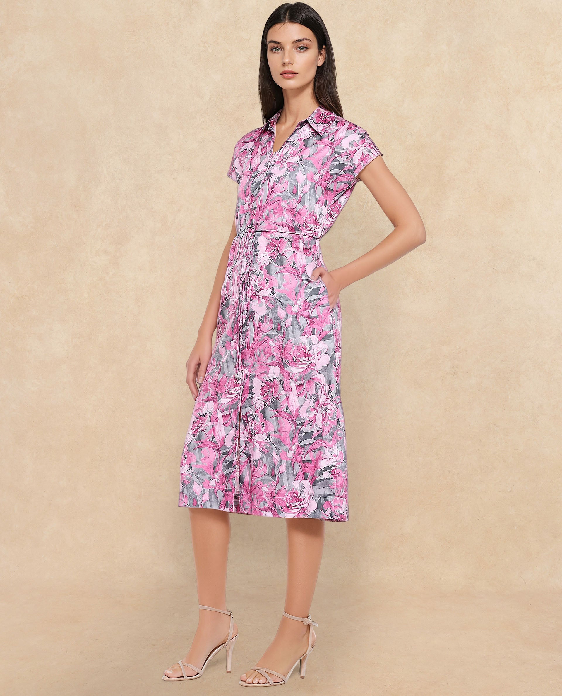 Rareism Women's Berlong Multi Cotton Blend Drop Collar Floral Print Midi A-Line Dress