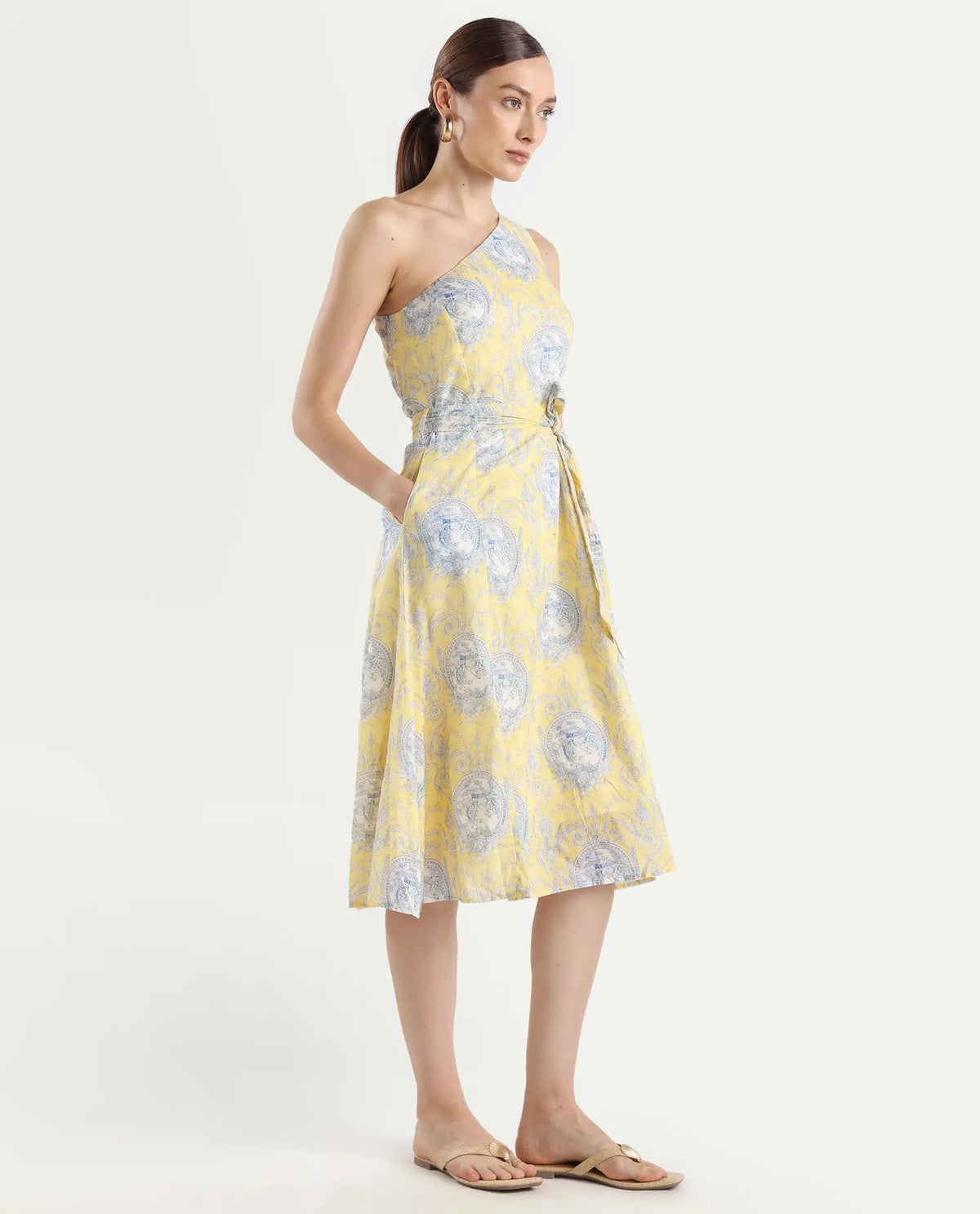 Rareism Women's Bermera Multi Cotton One Shoulder Ornamental Print One Shoulder Midi Fit And Flare Dress