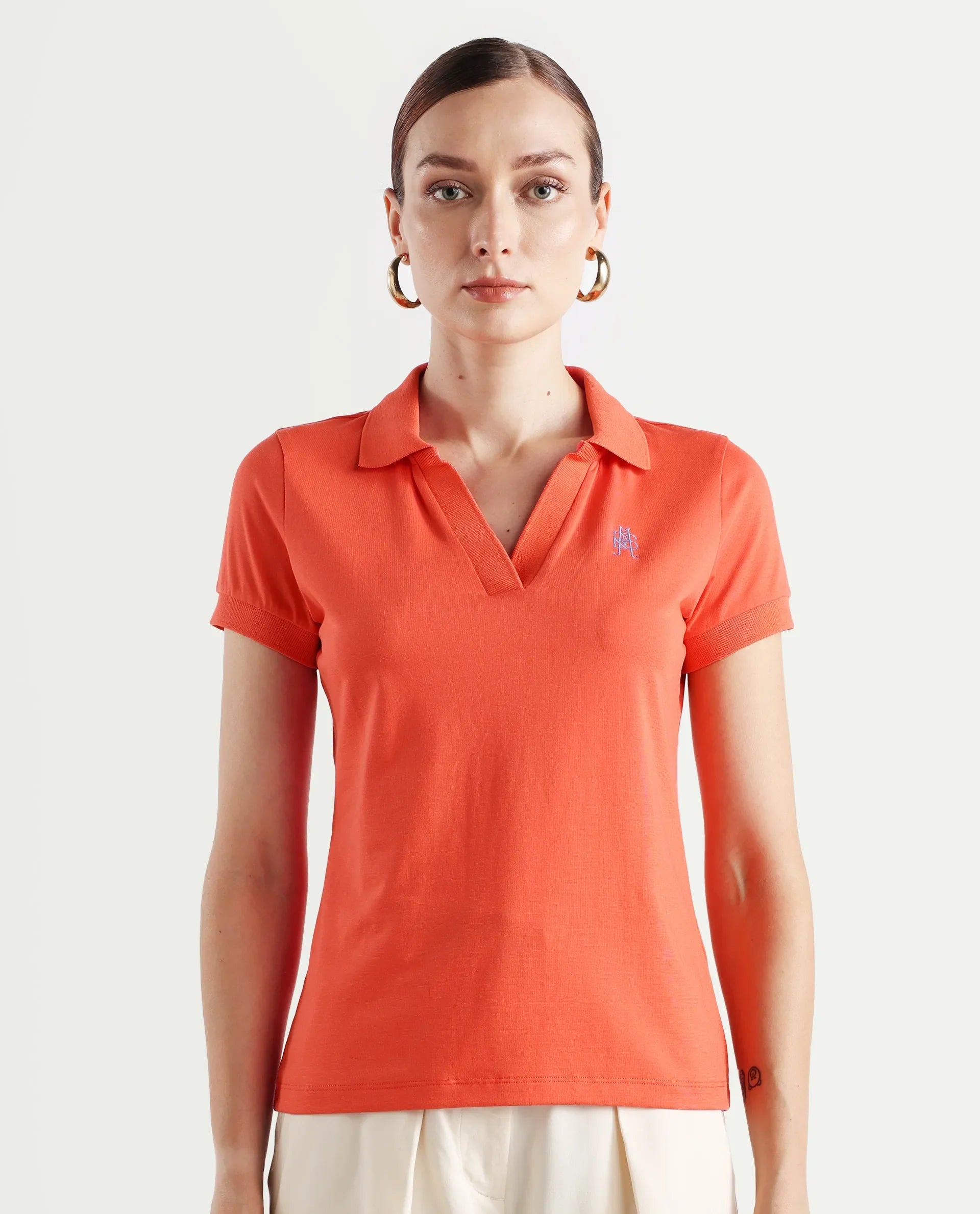 Rareism Women's Bern Orange Cotton Blend Polo Neck Plain Regular Fit Polo