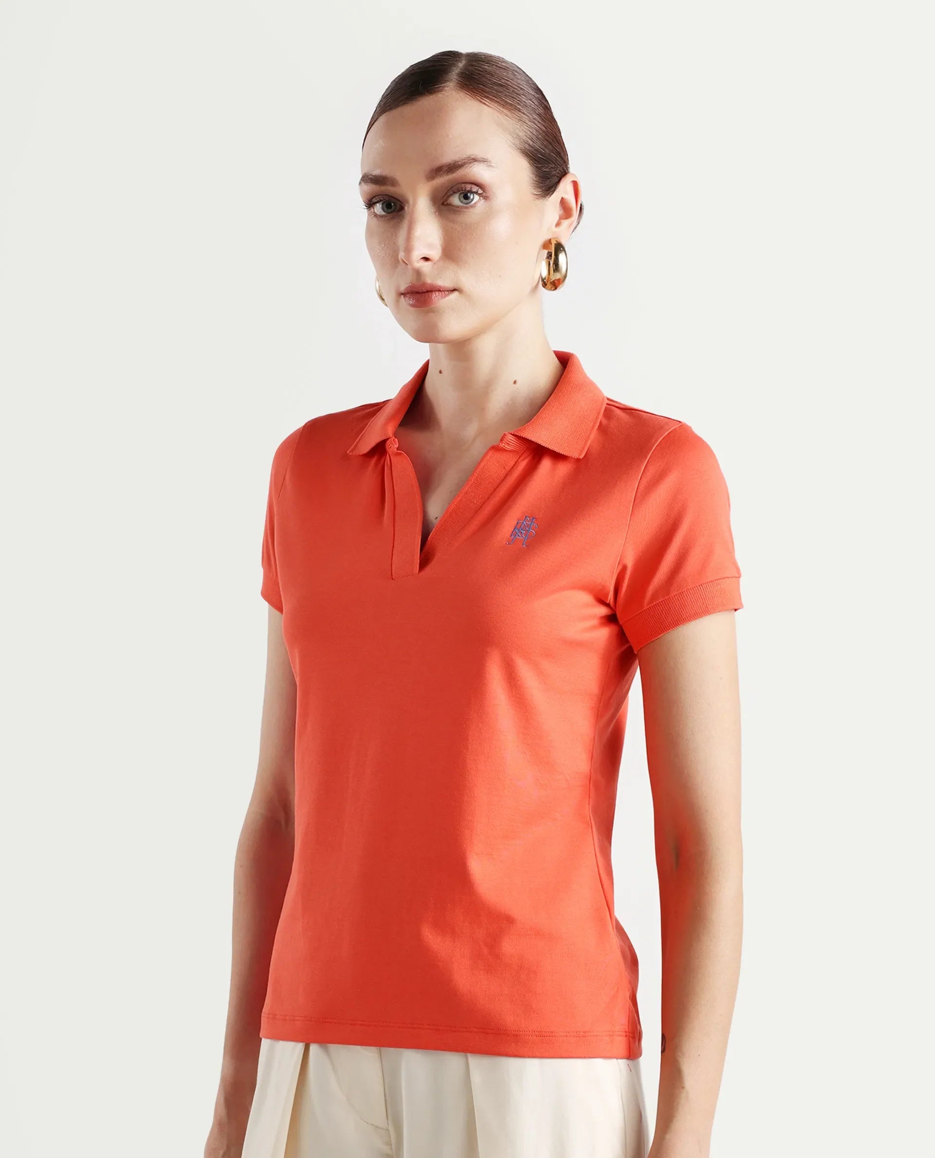 Rareism Women's Bern Orange Cotton Blend Polo Neck Plain Regular Fit Polo