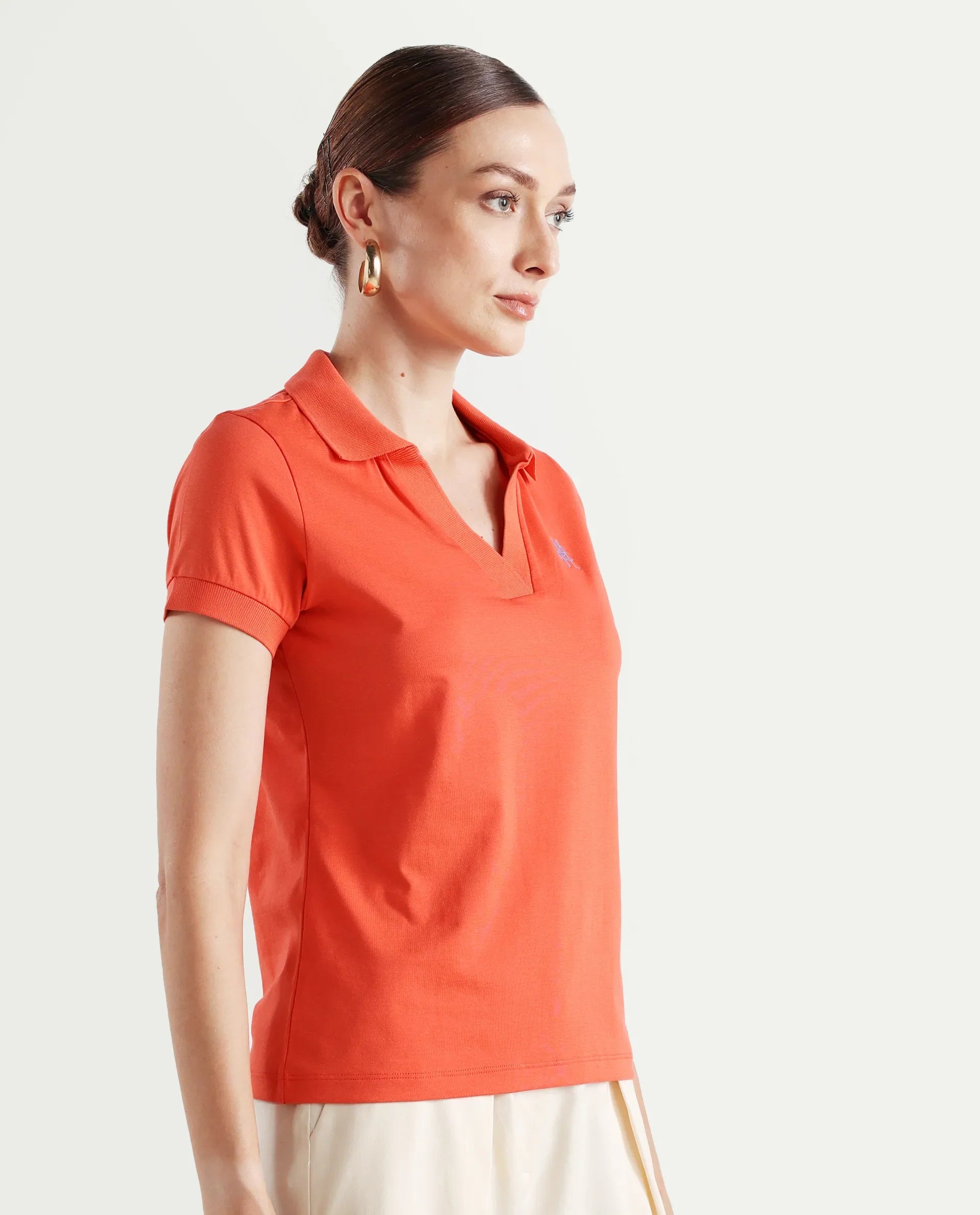 Rareism Women's Bern Orange Cotton Blend Polo Neck Plain Regular Fit Polo